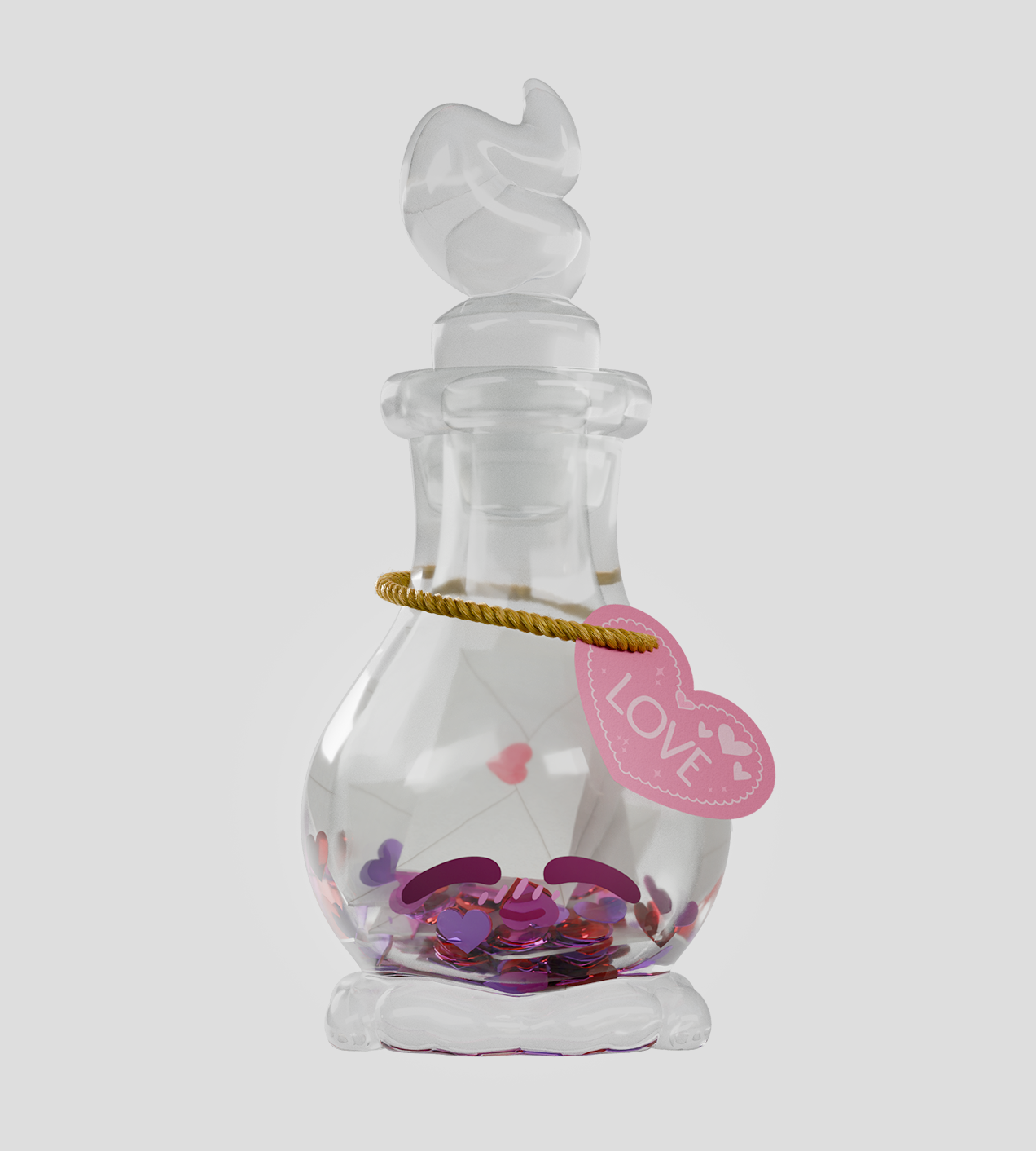 Elixy Blind Box: Decorative glass bottle with heart confetti, sealed with swirled stopper. Pink tag reads LOVE, embodying whimsical charm.