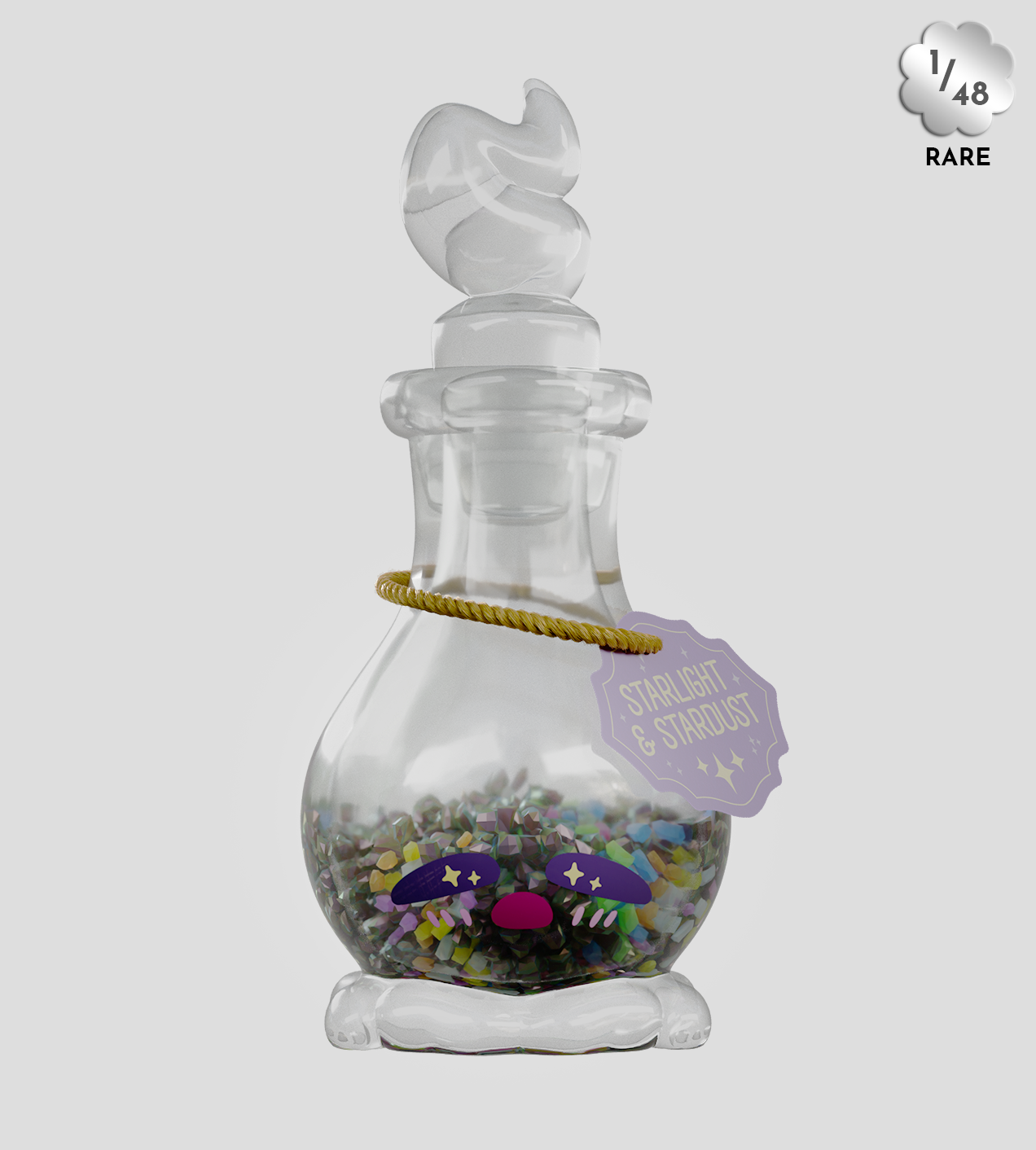 Elixy Blind Box: A collectible glass potion bottle with multicolored stardust, playful face design, and rare edition tag, enhancing its whimsical charm.