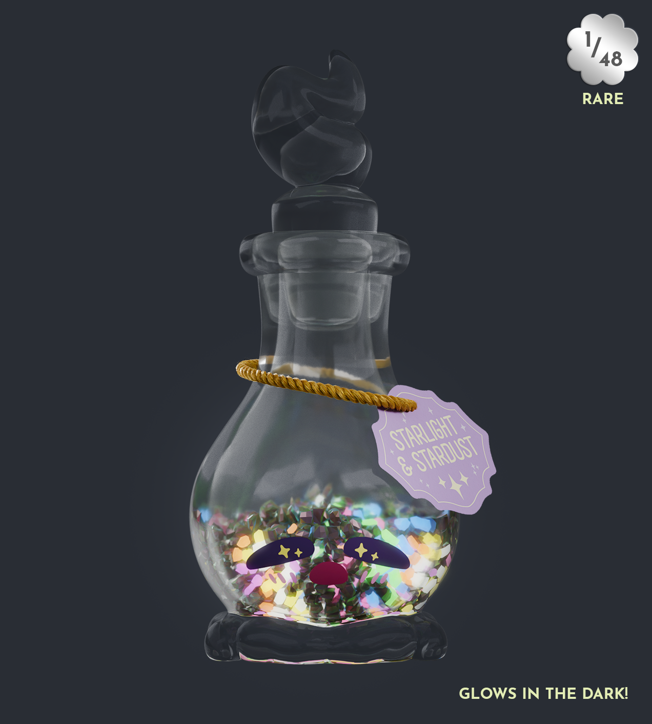 Elixy Blind Box: A whimsical glass vial with iridescent stardust, a twisted stopper, and a Starlight & Stardust tag. Glows in the dark, collectible.