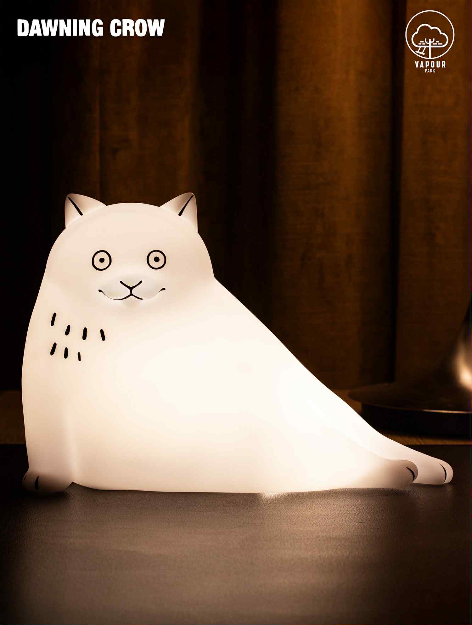 THE BIG WHITE CAT with LAMP by DAWNING CROW - Preorder: A 17cm glowing cat-shaped lamp made of smooth PVC, showcasing sculptural artistry.