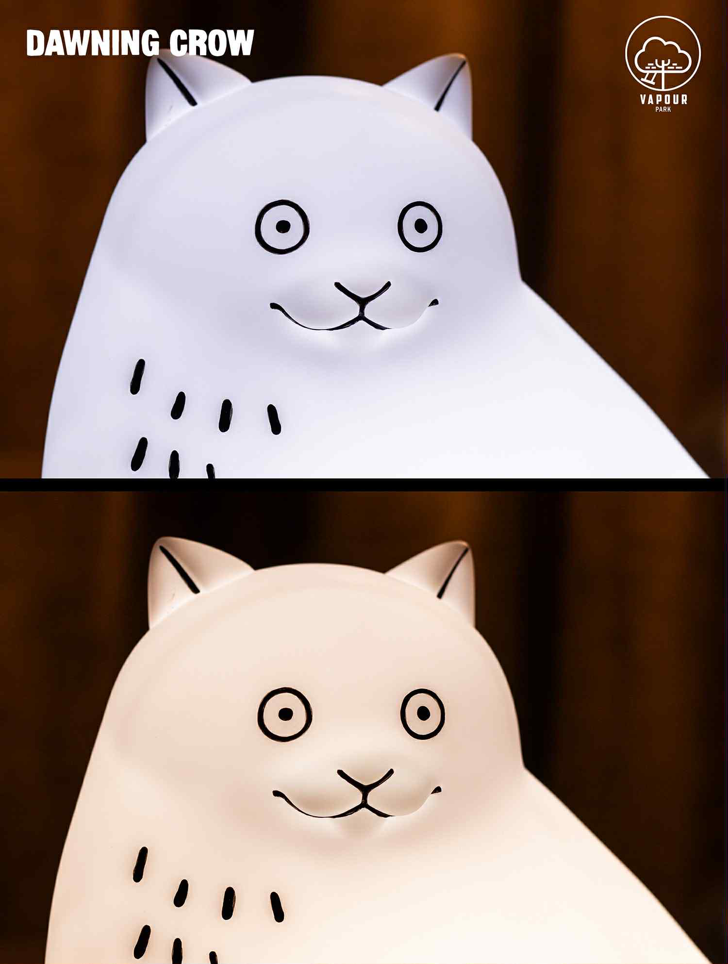 THE BIG WHITE CAT lamp by DAWNING CROW, glowing cool white and amber, 17cm tall PVC, preorder for art toy enthusiasts at Strangecat Toys.