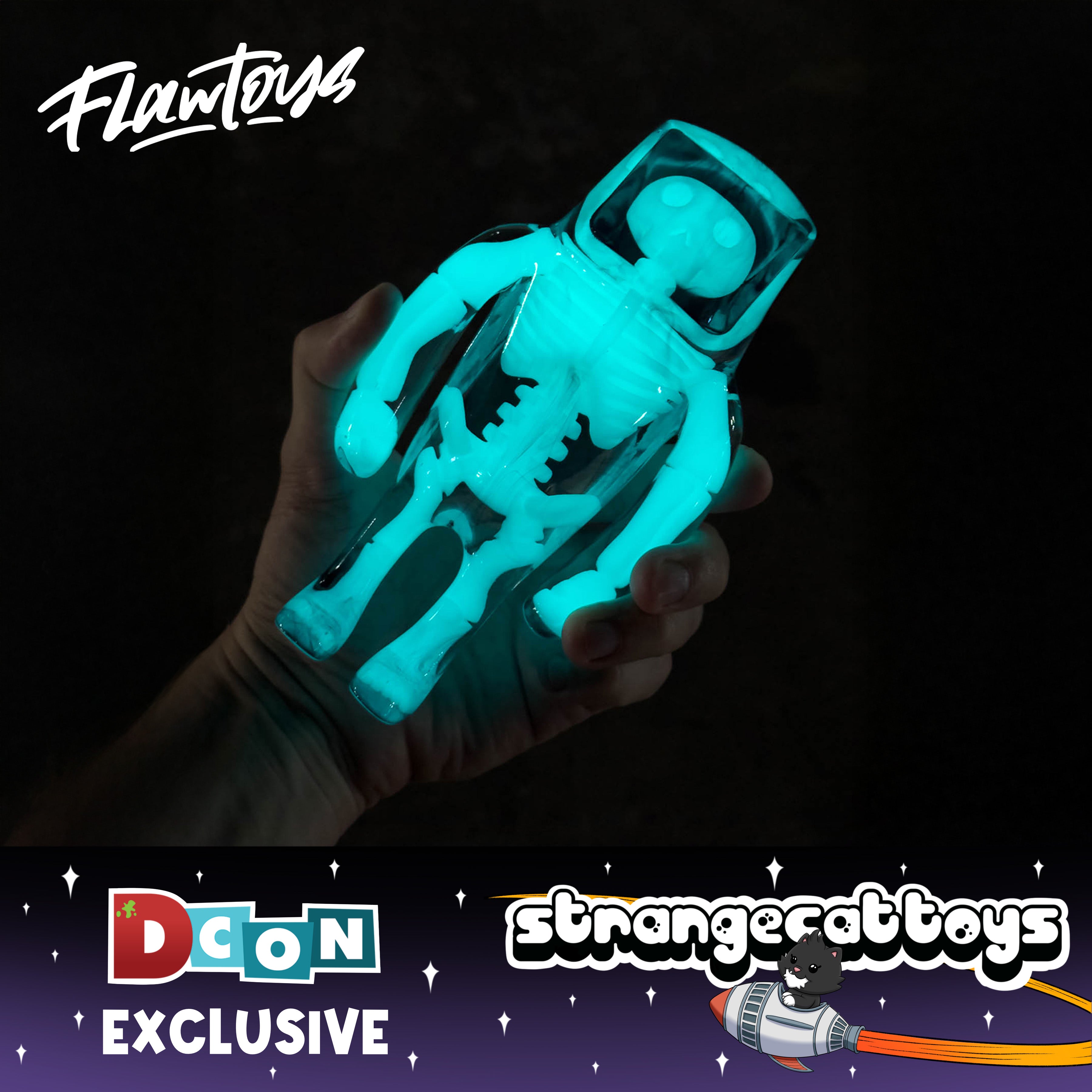 Anatoma Stranger by Flaw Toys: 7 clear resin figure with glow-in-the-dark astronaut skeleton, DCon Exclusive with StrangeCatToys, limited to 5 pieces.