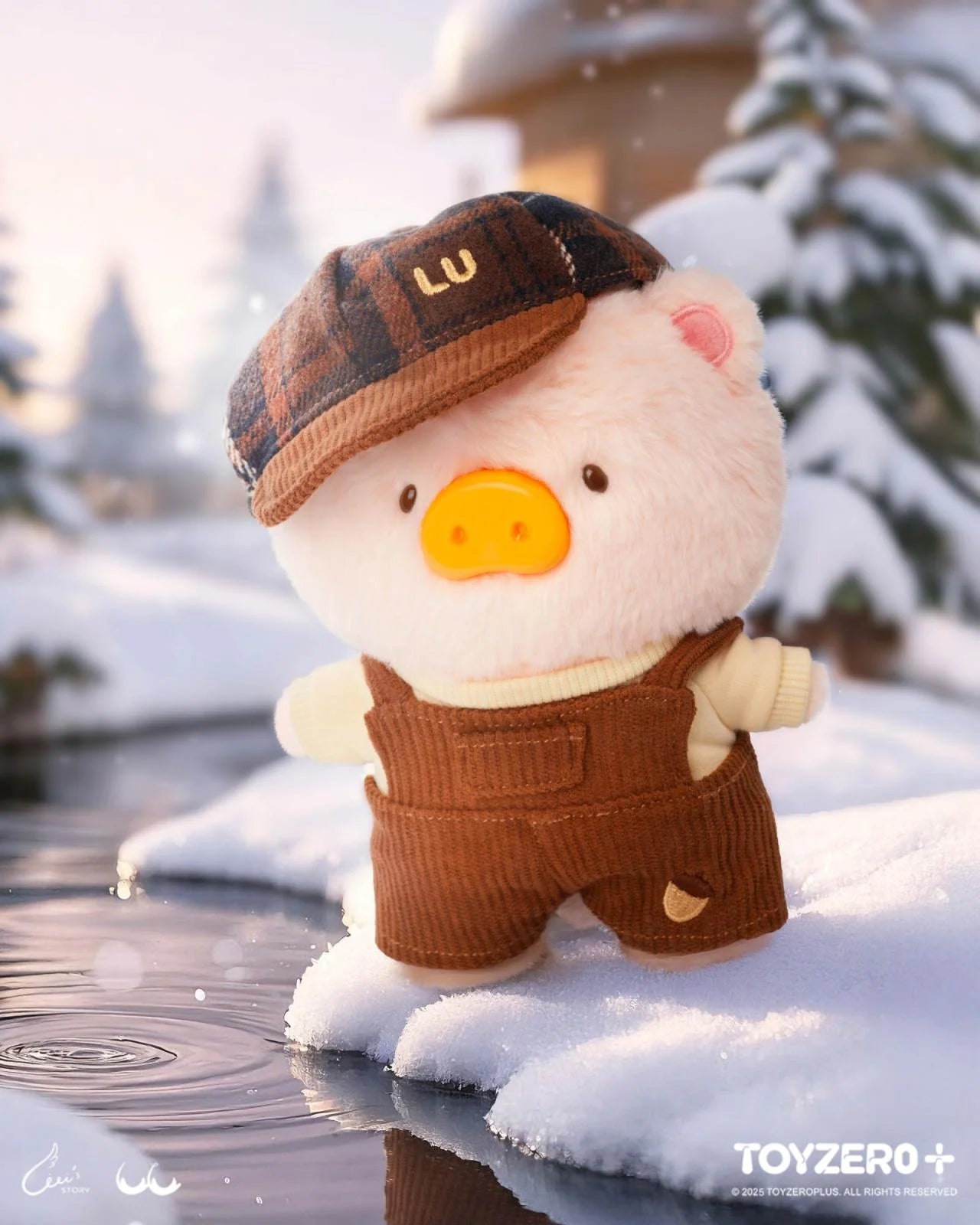 LuLu the Piggy in an autumn outfit with hat and overalls, standing in snow. Preorder for April 2025.