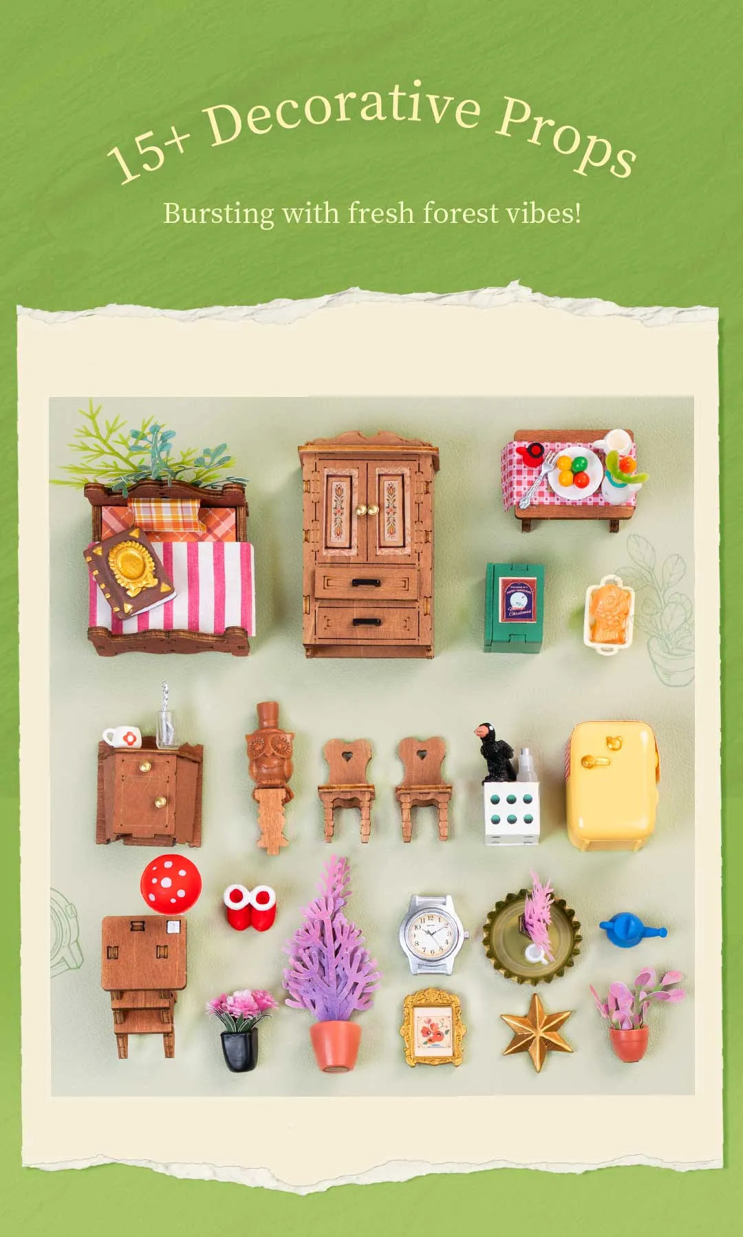 Rolife DIY Miniature House - Fairytale Tree House DG179: Over 15 woodland-themed props for dioramas, featuring a miniature bed, fridge, and picnic bench. Ideal for creative displays.