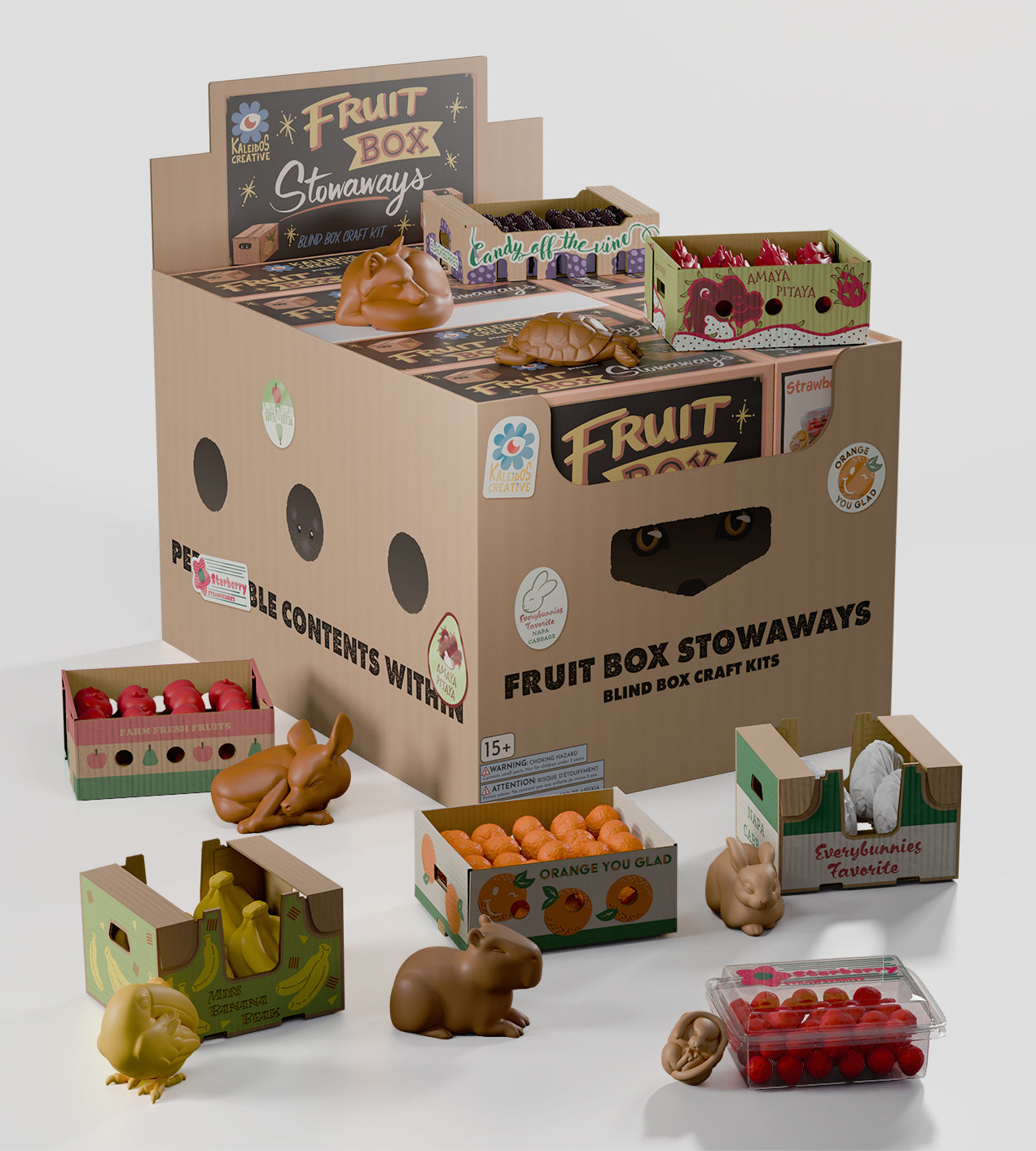 Fruit Box Stowaways Craft Kit Blind Box display with miniature crates and matching animal figurines, showcasing a playful, fruit-themed surprise toy collection.