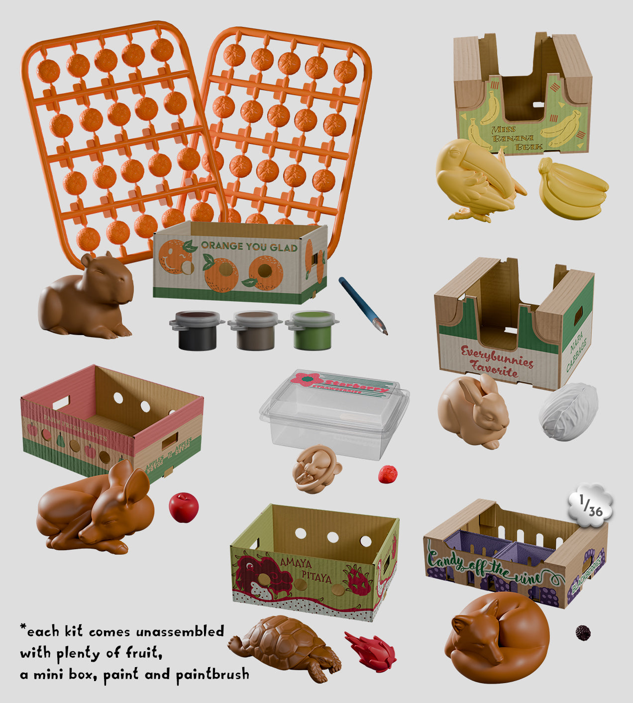 Fruit Box Stowaways Craft Kit Blind Box featuring unassembled cardboard crates, fruit pieces, animal figures, and painting supplies, ready for crafting and display.
