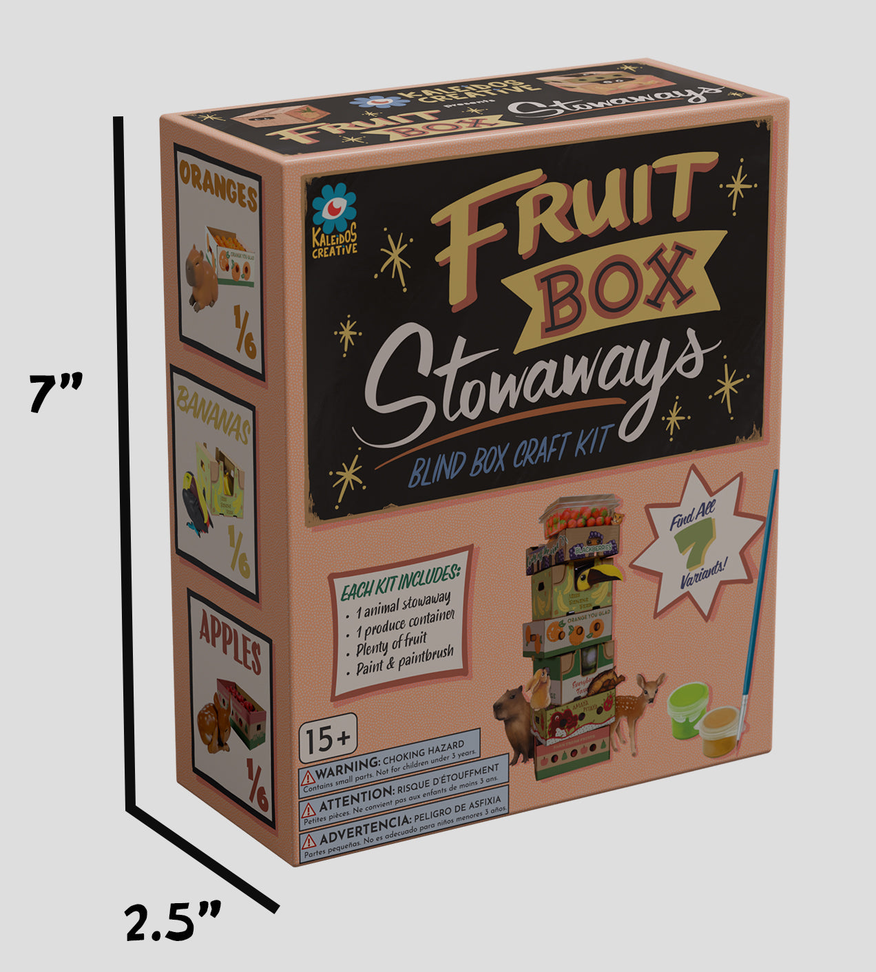Fruit Box Stowaways Blind Box Craft Kit features animal stowaways in fruit crates. Includes paint, brush, and one of seven collectible variants. For ages 15+.