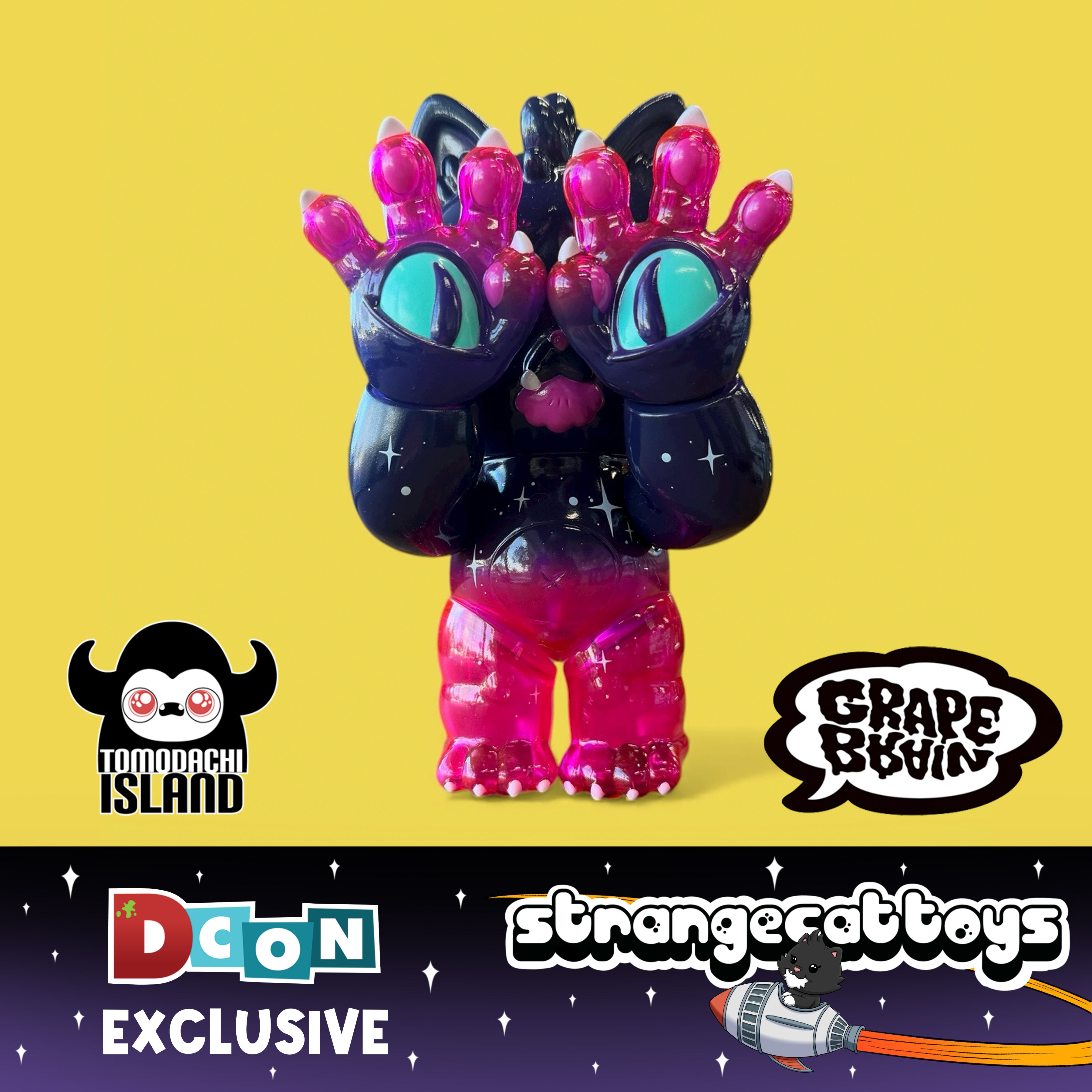 Cosmic Gramps vinyl art-toy, a chunky cat-like figure with starry design, by Tomodachi Island x Grape Brain x Prime, featuring oversized paw eyes.