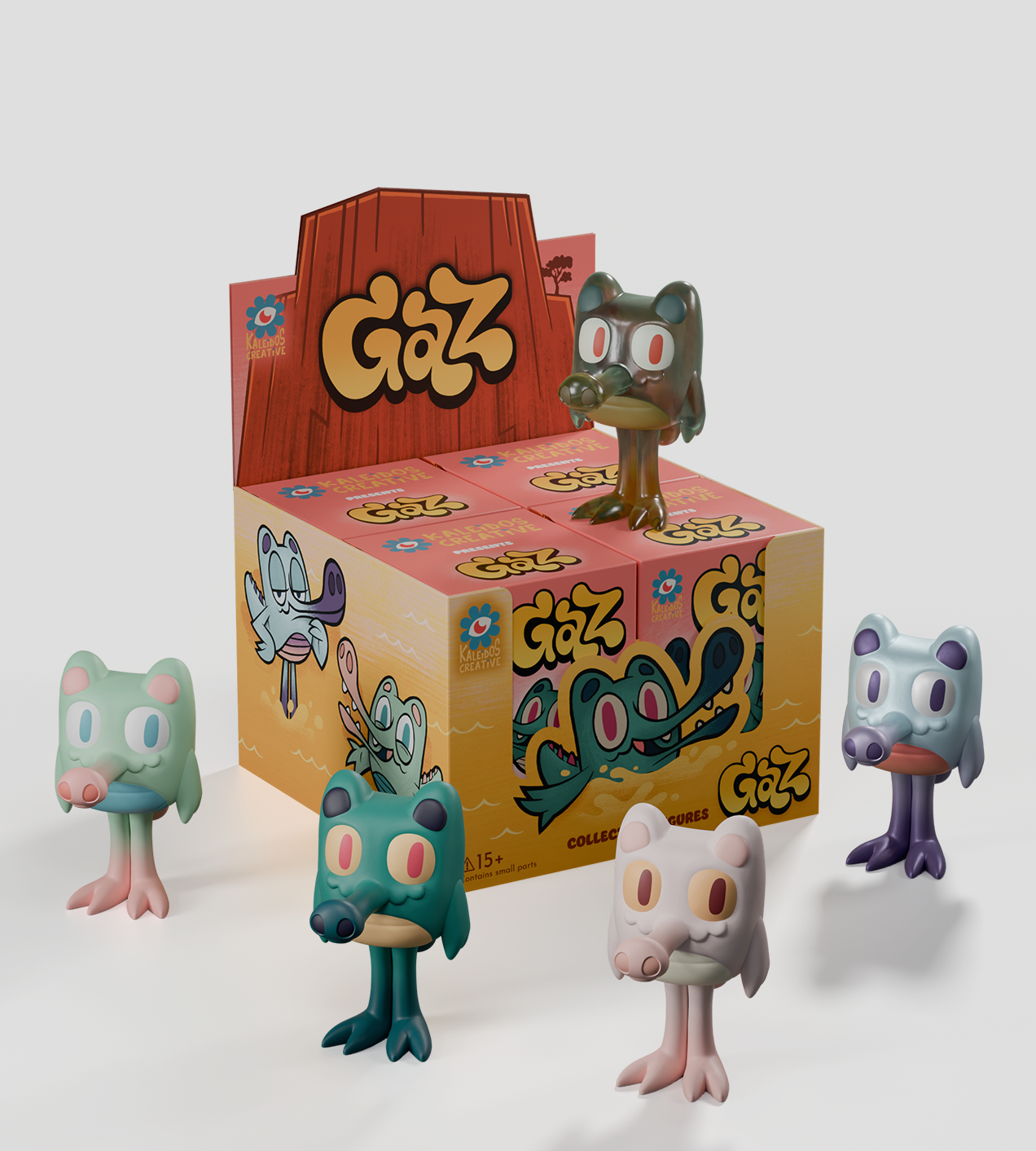 Gaz Blind Box display with six cartoonish animal figurines, featuring colorful snouted heads on stilt-like legs, from Kaleidos Creative, suitable for collectors aged 15+.