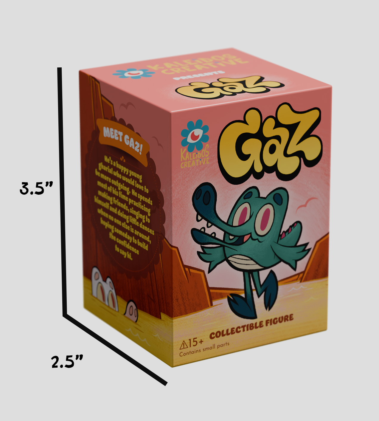 3-D render of Gaz Blind Box, featuring a cute green crocodile character and 15+ – contains small parts warning on a sunset canyon backdrop.