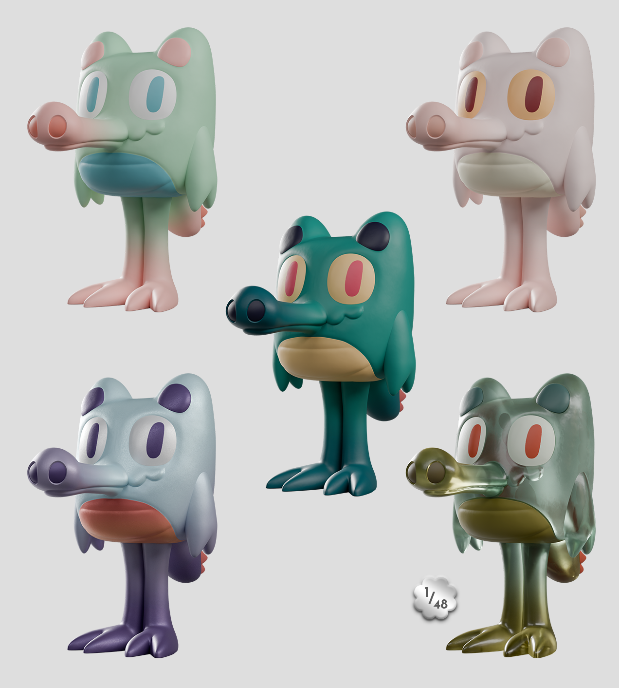 Gaz Blind Box: Five variants of a whimsical animal figure, showcasing different colors and materials, including a translucent green and pastel-mint.