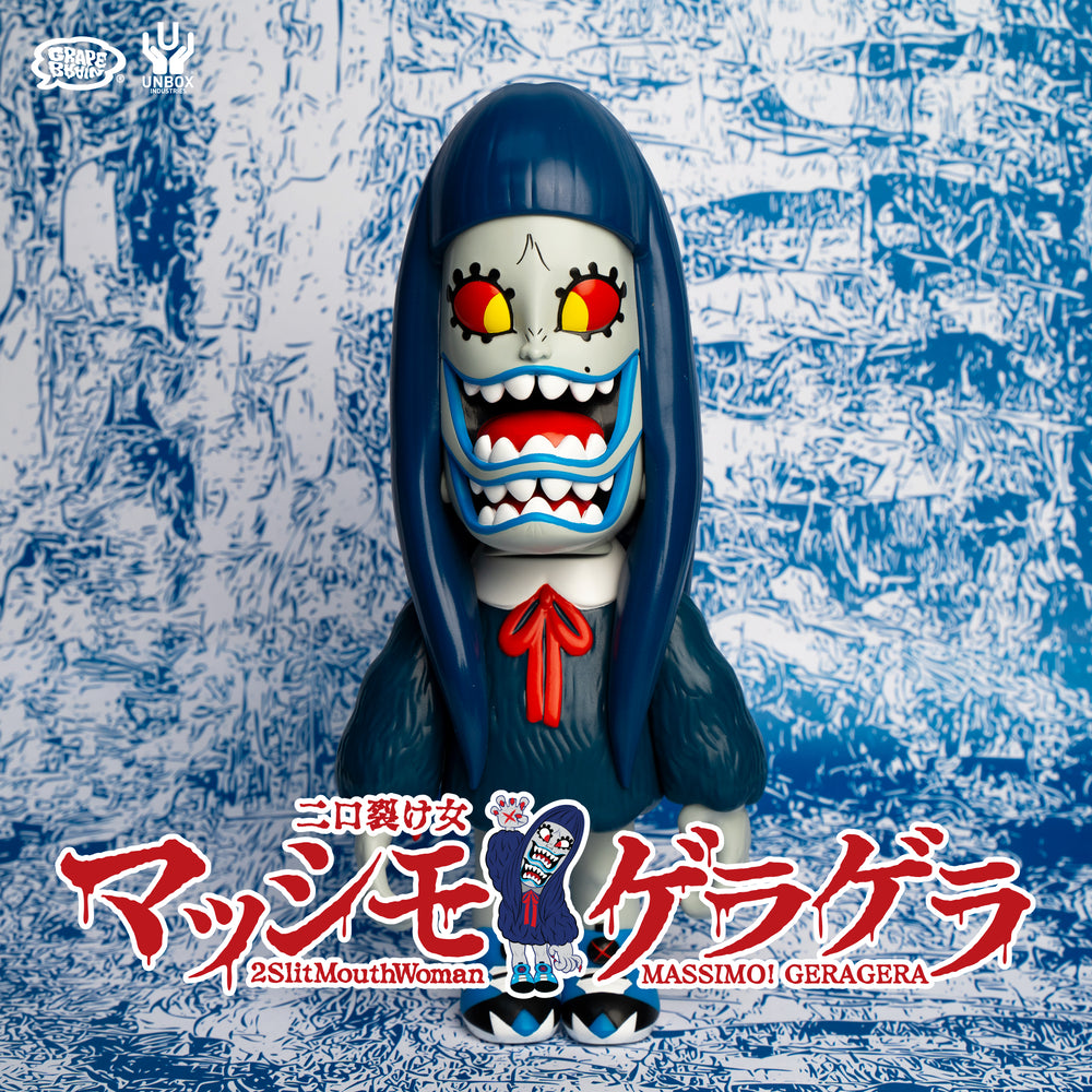 GERA GERA MASSIMO BLUE EDITION vinyl art-toy, featuring stylized Kuchisake Onna with dual jagged mouths, dark uniform, and nine-point articulation.