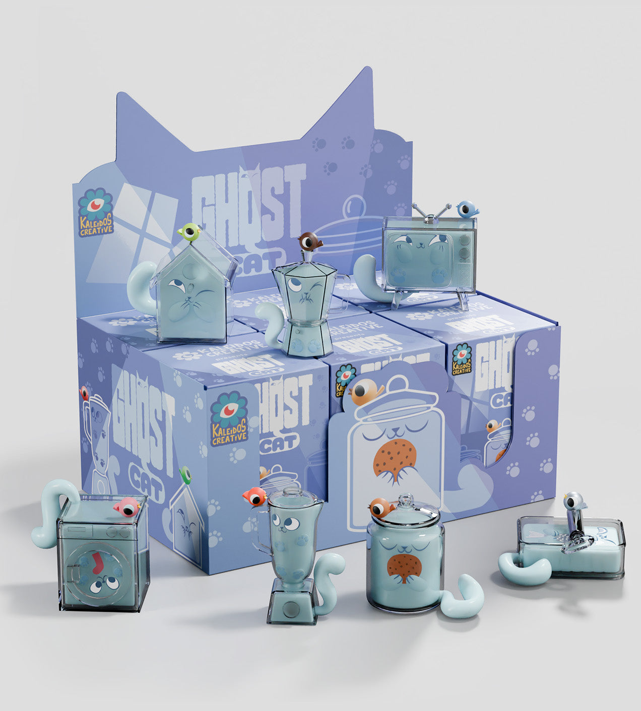 Ghost Cat Blind Box collection featuring playful ghostly cat figures hiding in household items, perfect for collectors of quirky art toys.
