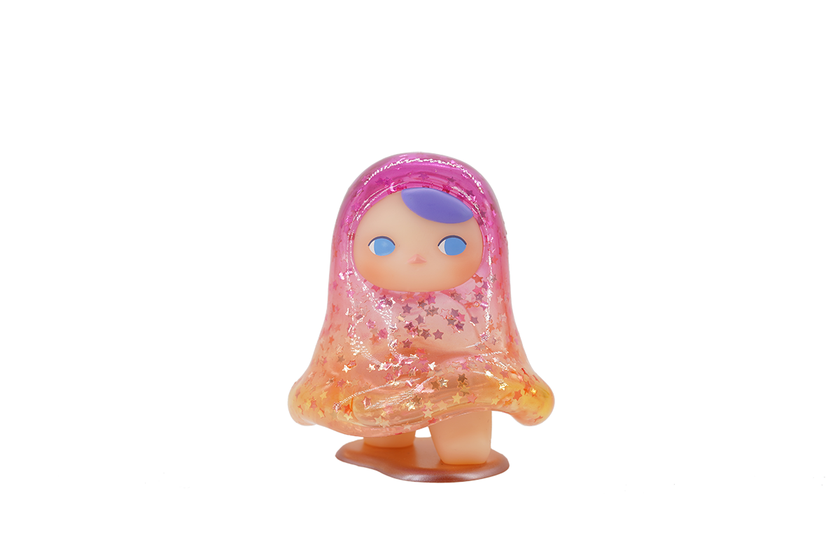 Toy doll with pink and purple hair and yellow cape, vinyl material, 8.5cm, from The Ghost - Stardust by Pucky at Strangecat Toys.