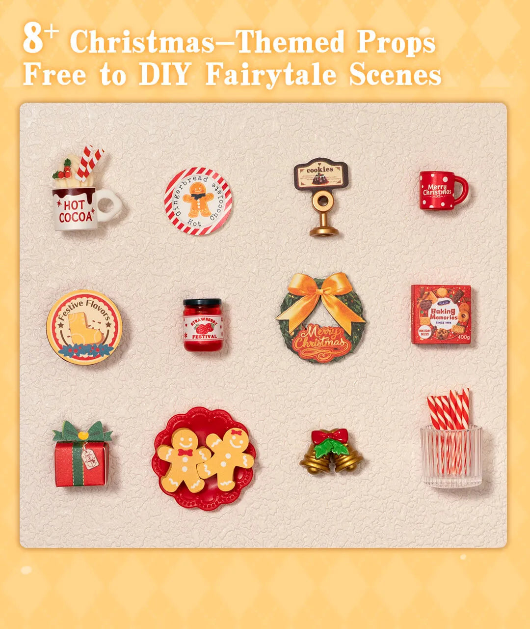 Rolife DIY Miniature House - Gingerbread House DG176 features 12 charming Christmas-themed props for festive DIY scenes, enhancing holiday dioramas with delightful detail.