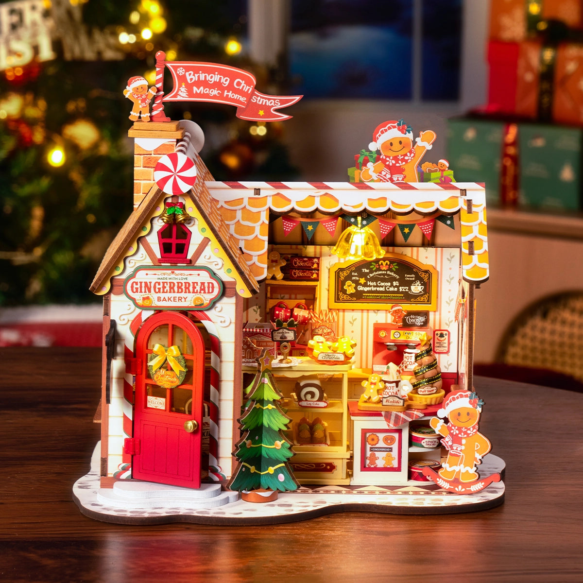 Rolife DIY Miniature House - Gingerbread House DG176: A festive 3D bakery diorama with candy-cane roof, wreath, and Christmas treats, perfect for seasonal display.