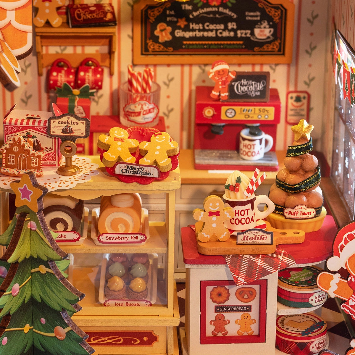 Rolife DIY Miniature House - Gingerbread House DG176: a detailed Christmas-themed bakery diorama featuring a hot cocoa station, sweets, and festive decor for delightful holiday display.
