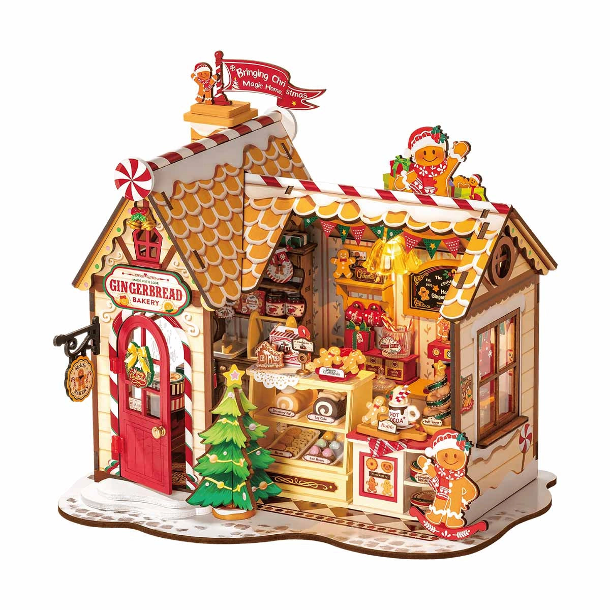 Rolife DIY Miniature House - Gingerbread House DG176, a whimsical diorama featuring a festive bakery with gingerbread figures, candy-cane decor, and tiny baked goods.