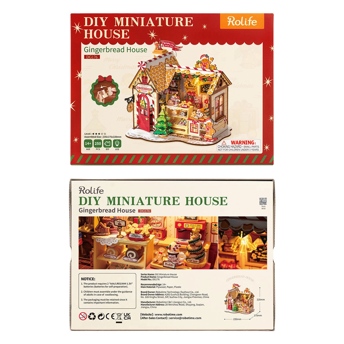 Rolife DIY Miniature House - Gingerbread House DG176 retail box showing 250-piece Christmas-themed bakery kit with LED lights, details, and assembly dimensions.