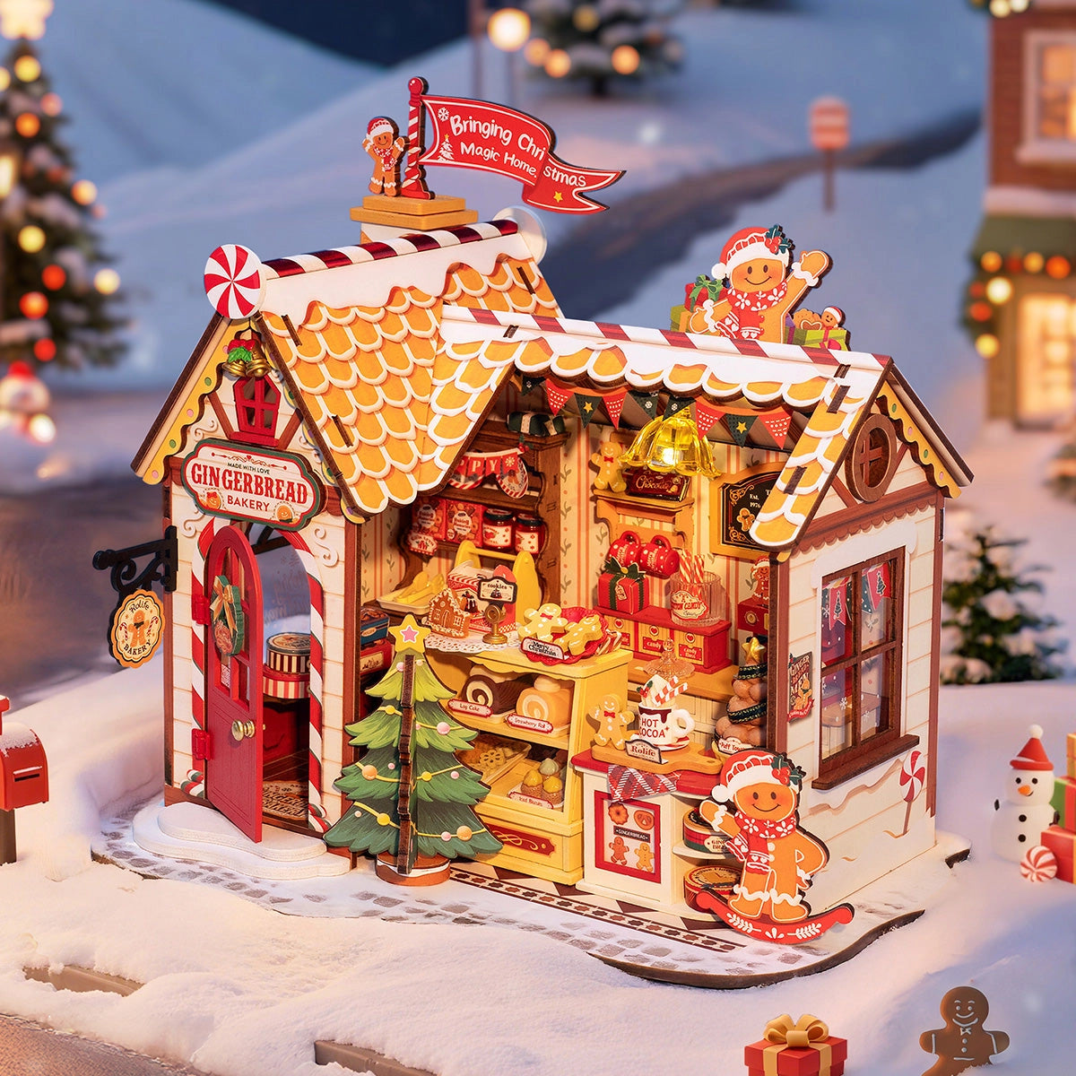 Rolife DIY Miniature House - Gingerbread House DG176: A detailed Christmas-themed diorama featuring a gingerbread bakery with festive decor and miniature treats.