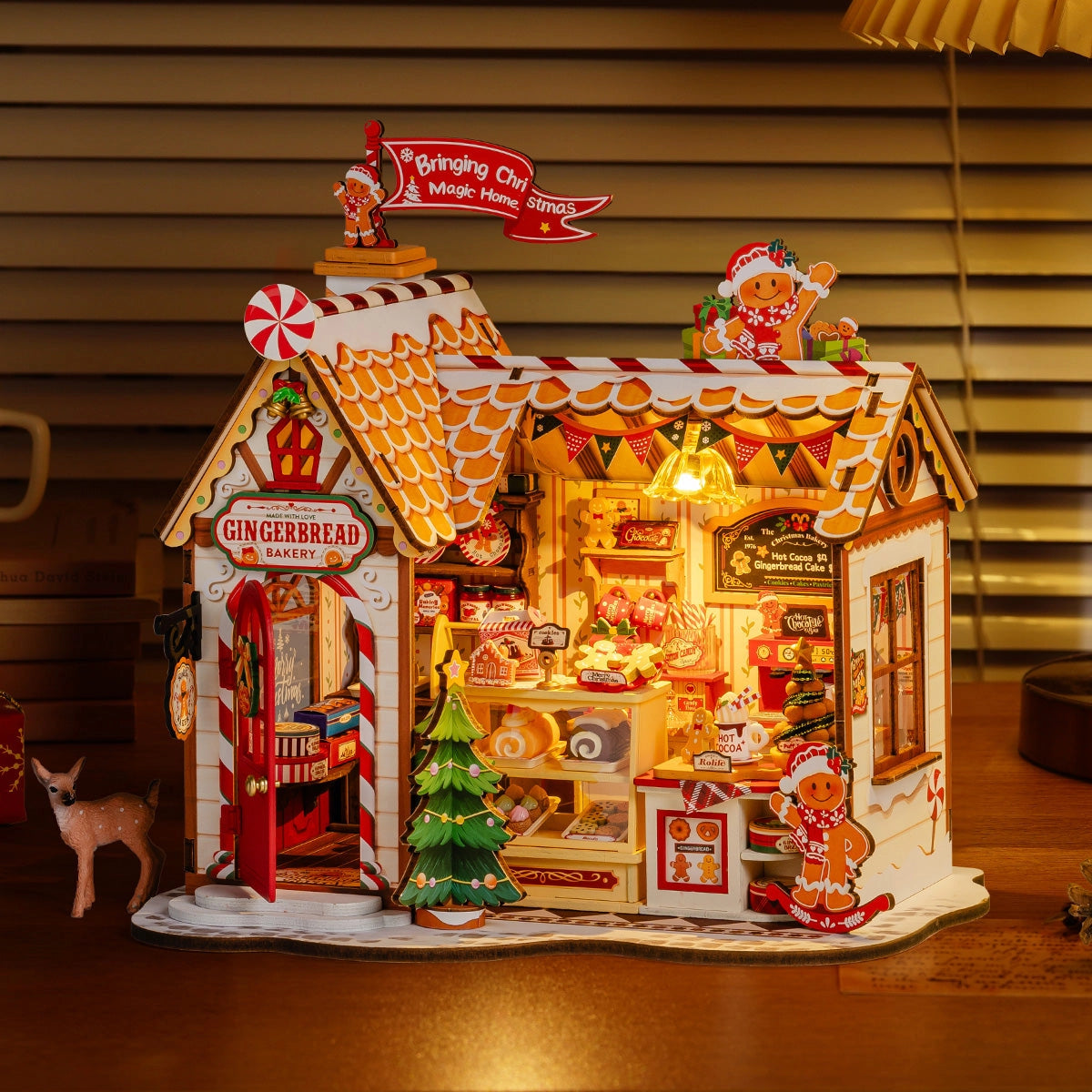 Rolife DIY Miniature House - Gingerbread House DG176: Intricately detailed, illuminated Christmas bakery model with candy details, holiday treats, and festive decor, exuding cozy charm.