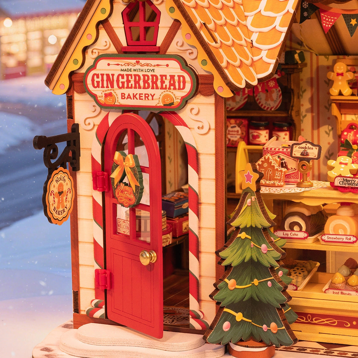 Rolife DIY Miniature House - Gingerbread House DG176: A charming Christmas bakery diorama with candy-cane details, tiny treats, and festive decor for delightful holiday display.
