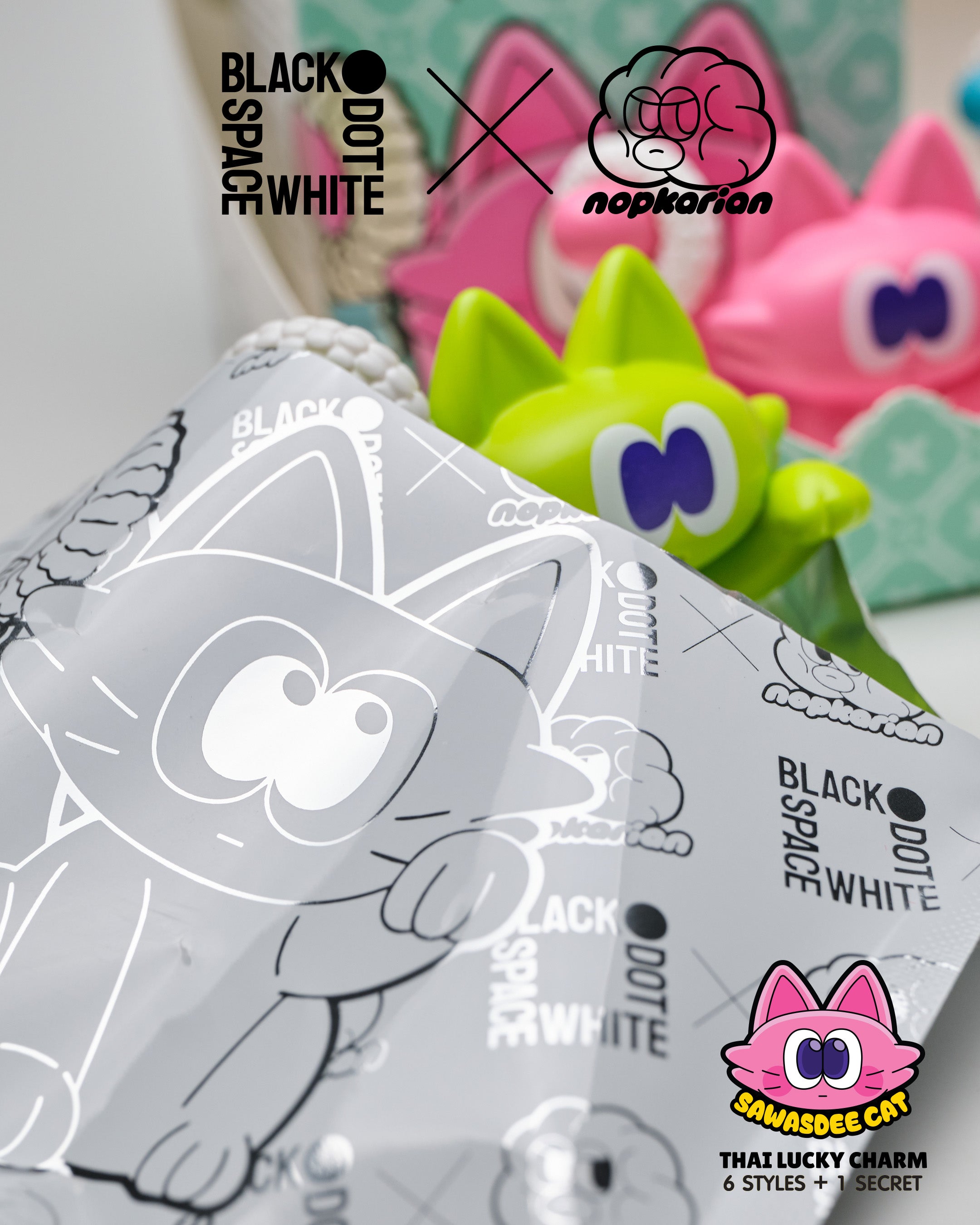 Sawasdee Cat Blind Box Series featuring six regular designs and one secret, showcased with a close-up of a whimsical pink toy and artistic logo.