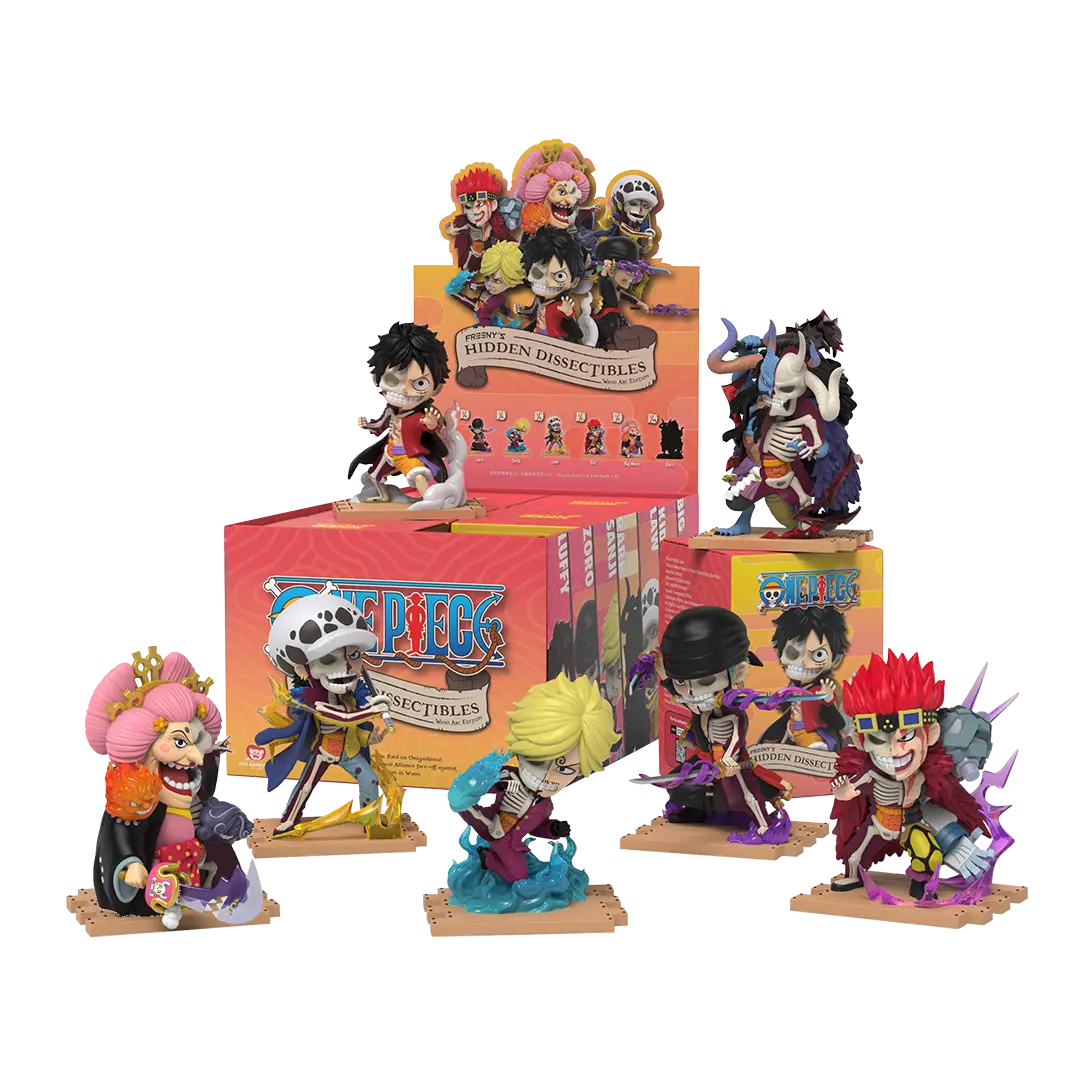 FREENY'S HIDDEN DISSECTIBLES: ONE PIECE WANO ARC EDITION features dissected cartoon characters in toy form, showcasing unique details in a box set.