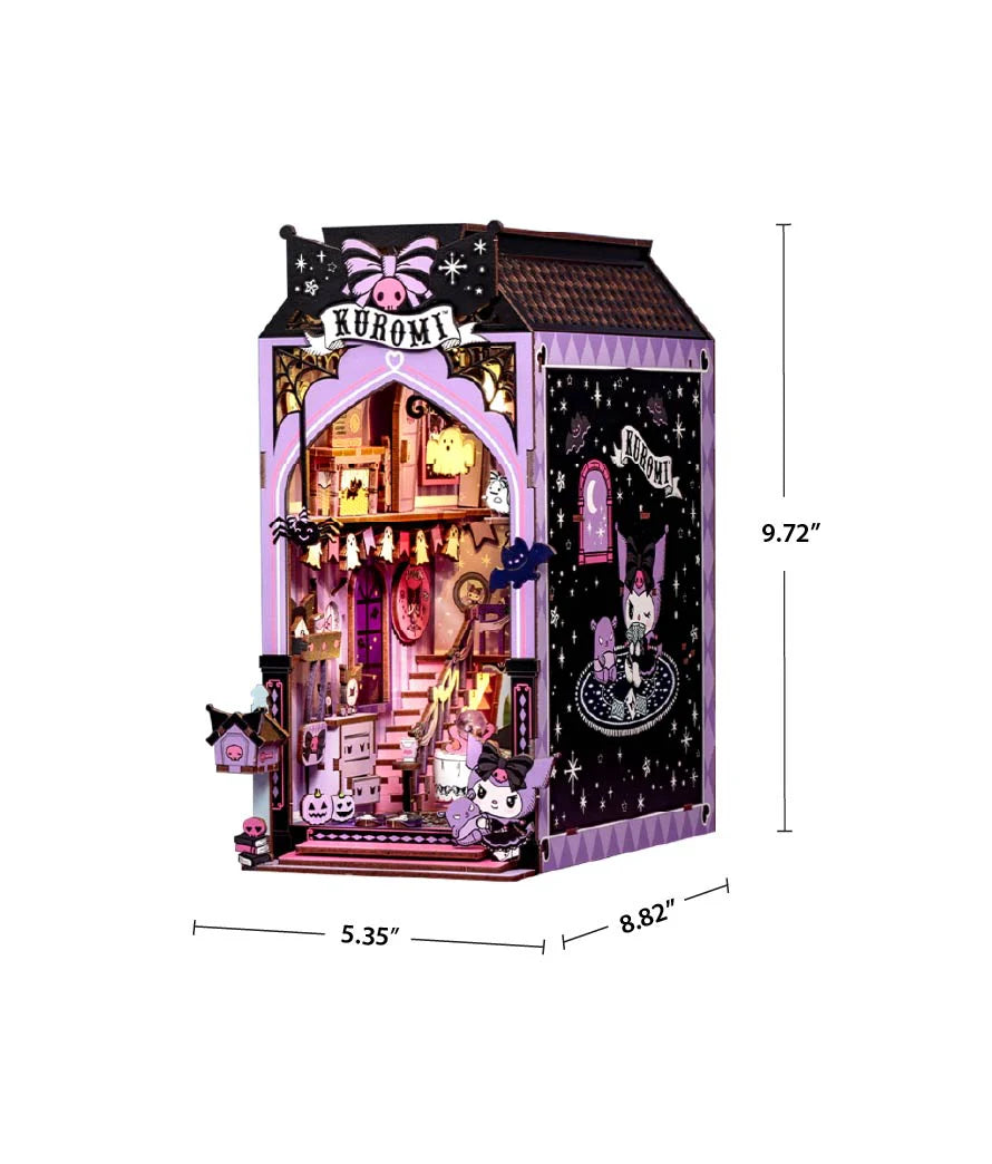 Kuromi™ Spooky House Booknook: A Halloween-themed miniature diorama with intricate details, featuring two stories, spooky decor, and an open front showcasing tiny furnishings.