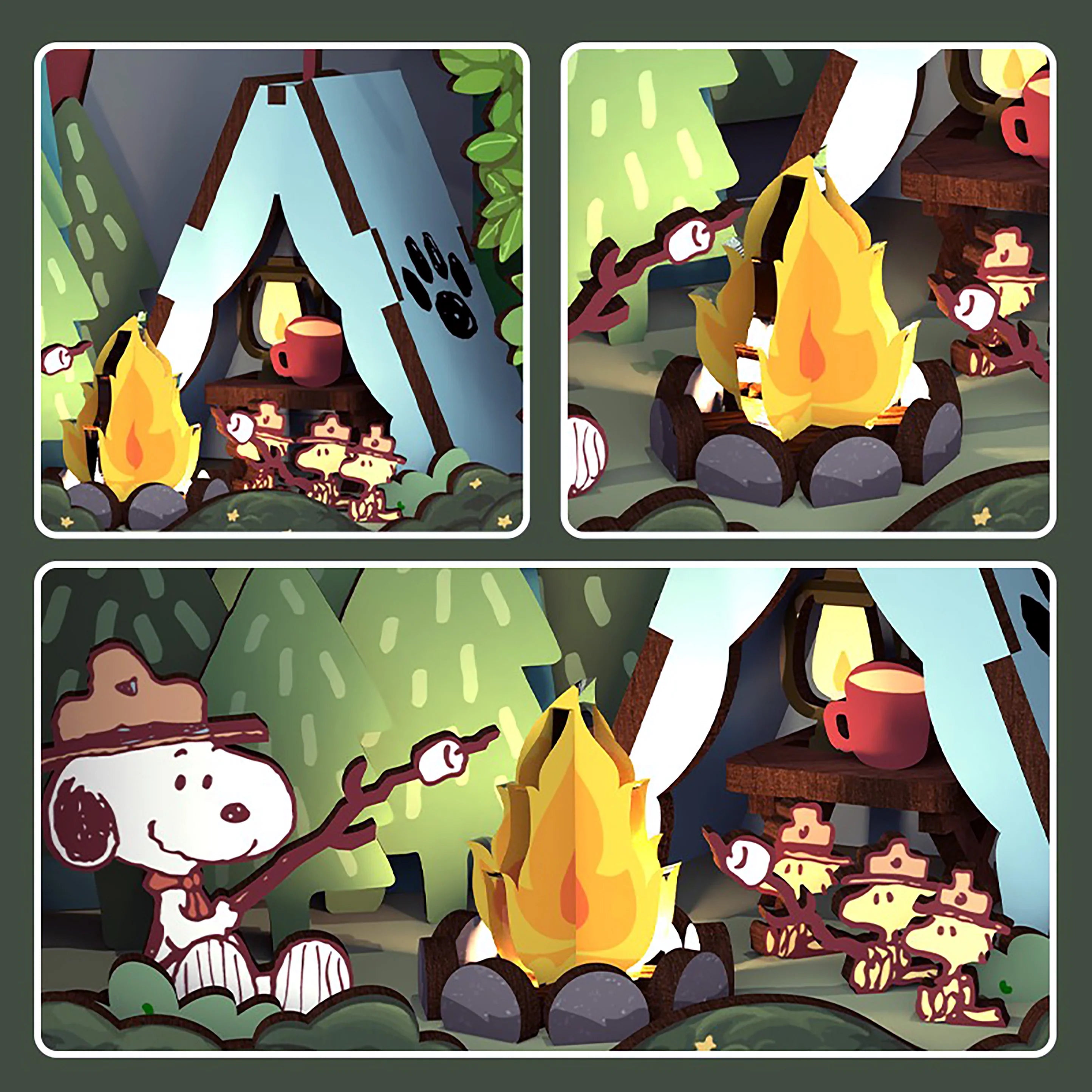 Peanuts® Snoopy’s Beagle Scouts camping scene, featuring Snoopy and Woodstocks around a campfire, complete with a tent, lantern, and marshmallow roasting, in a DIY miniature kit.