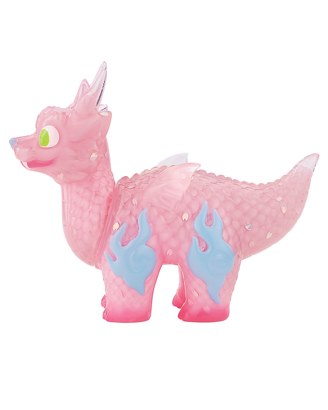 Ryudora Dream Sakura by Konatsu, a 3.8cm pink translucent vinyl figure with green eyes, blue flame decals, and glitter, available for preorder at Strangecat Toys.