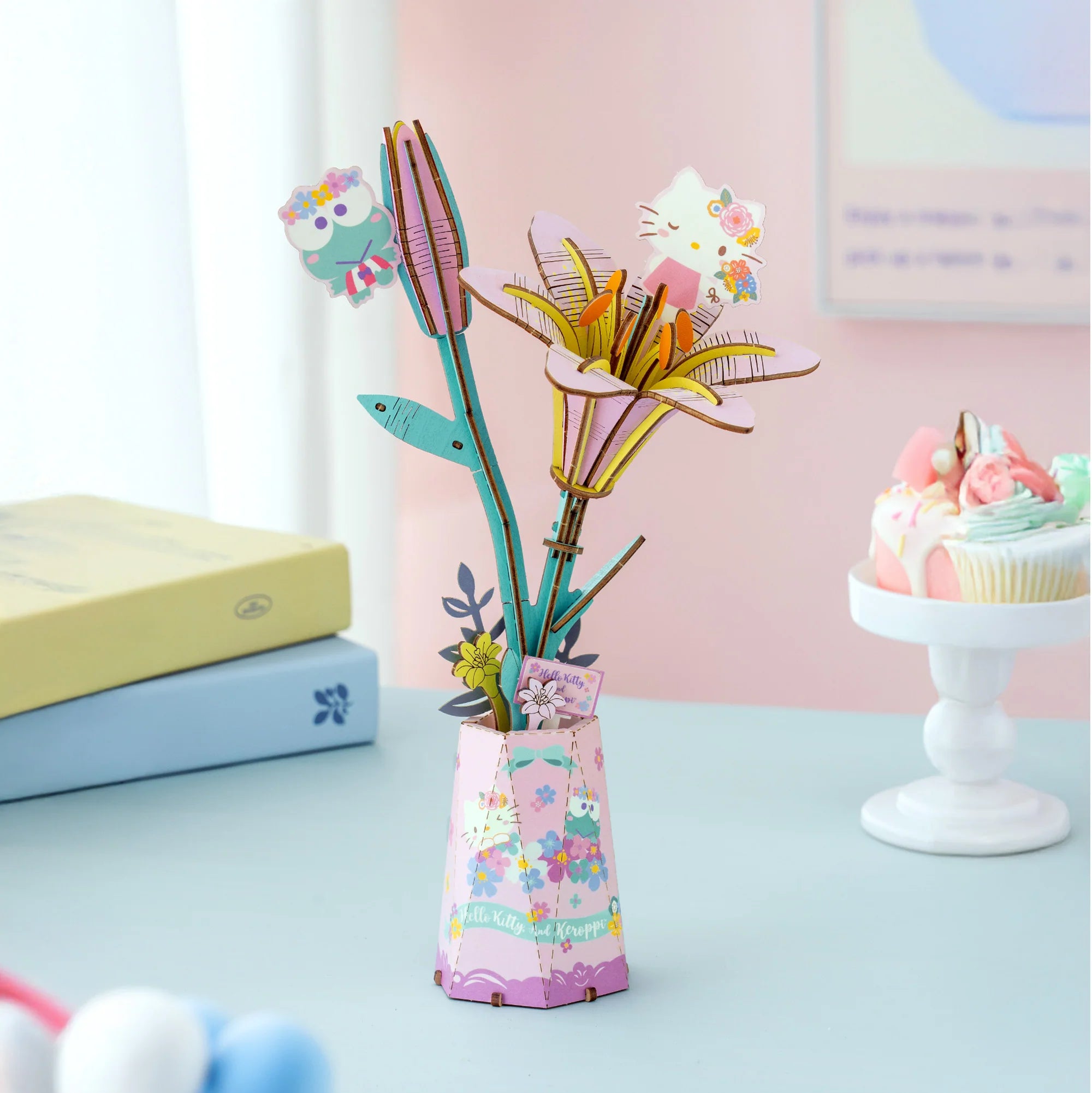 Hello Kitty® and Friends Keroppi DIY puzzle kit with interlocking cardstock flower vase model, featuring Hello Kitty and Keroppi motifs.