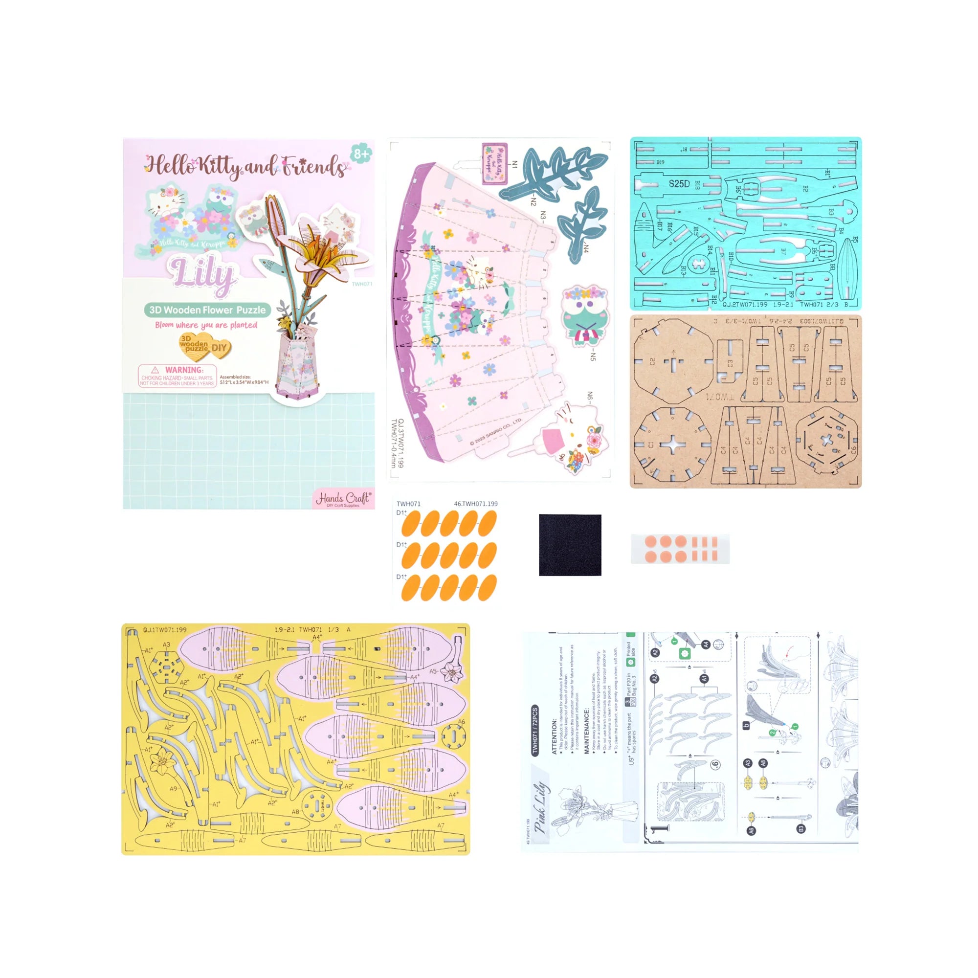 Hello Kitty® and Friends Keroppi DIY 3D wooden puzzle kit with vase, Lily flowers, wooden sheets, cardstock, stickers, sandpaper, and instructions.