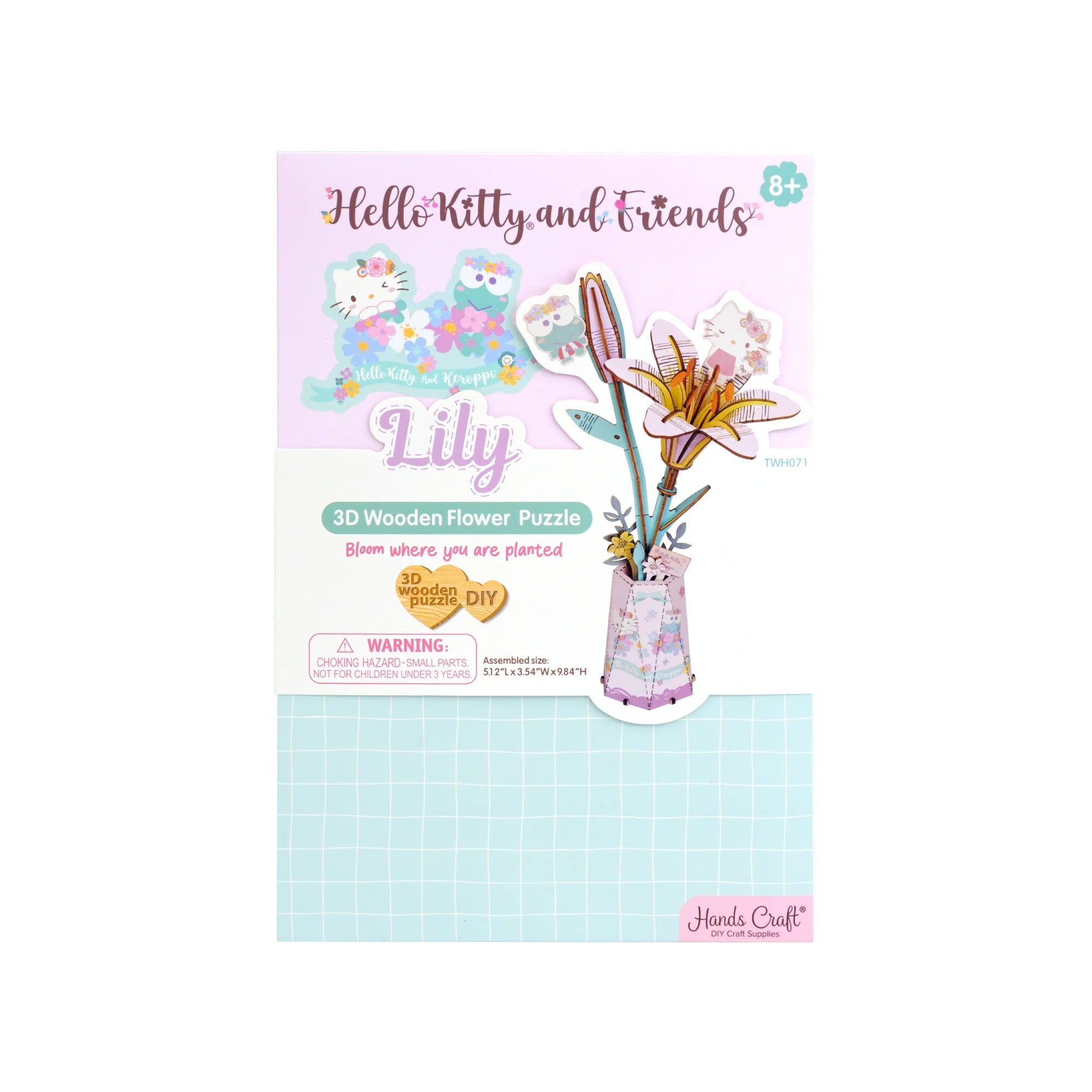 Hello Kitty® and Friends Keroppi and Hello Kitty Lily 3D Wooden Flower Puzzle DIY kit, featuring flat-packed, precision-cut wood pieces for easy, tool-free assembly.