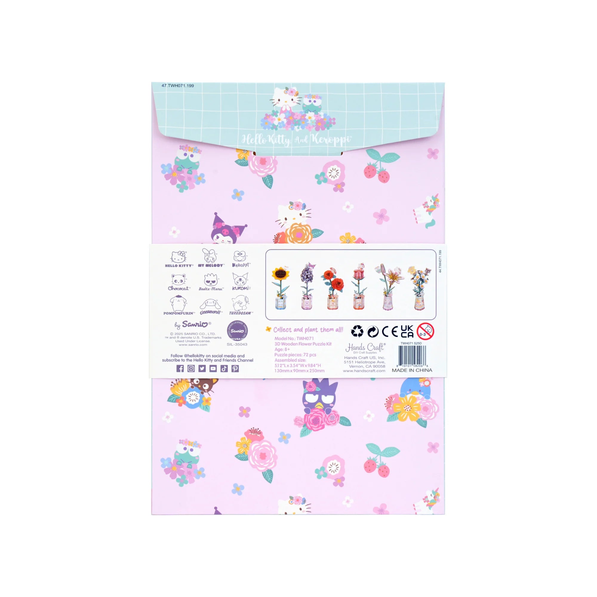 Hello Kitty® and Friends Keroppi and Hello Kitty Lily 3D wooden puzzle kit, featuring Sanrio characters and six flower models, 72 pieces, for ages 8+.