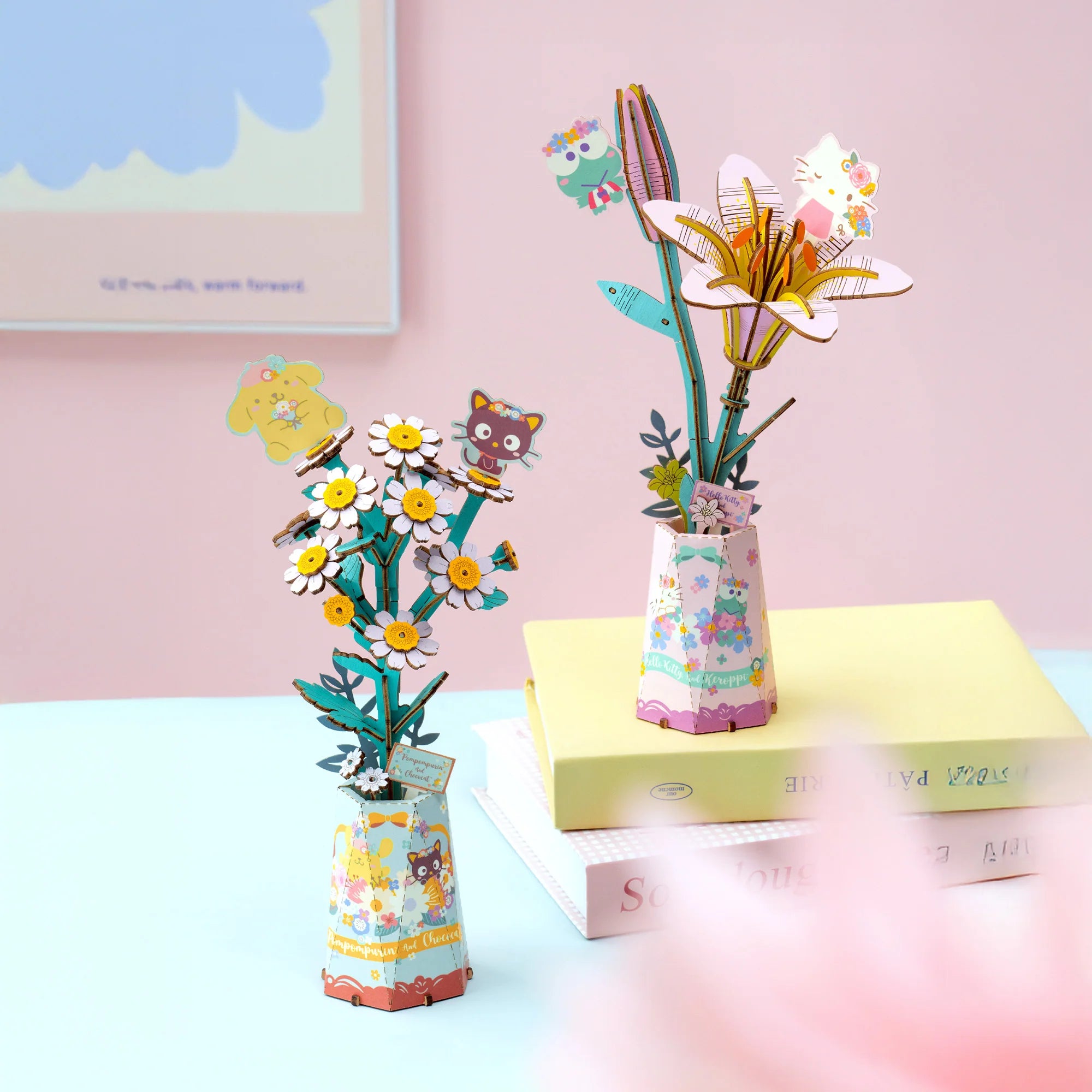 Hello Kitty® and Friends Keroppi DIY puzzle kit with papercraft vases and cartoon cutouts, perfect for Sanrio fans and craft enthusiasts.