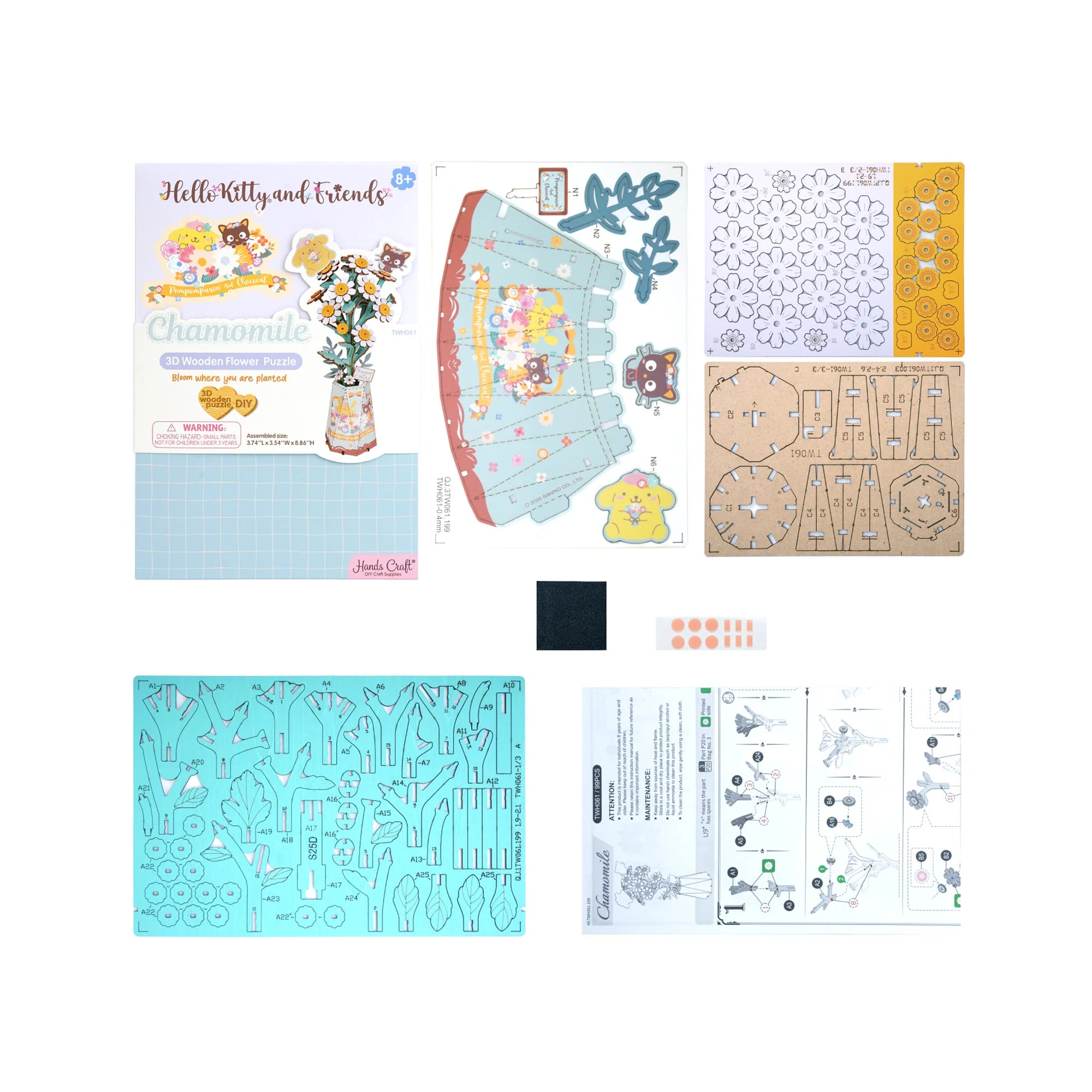 DIY Hello Kitty® and Friends Pompompurin & Chococat Chamomile craft kit, featuring 3D wooden parts, cardstock sheets, instruction booklet, and foam dots for assembly.