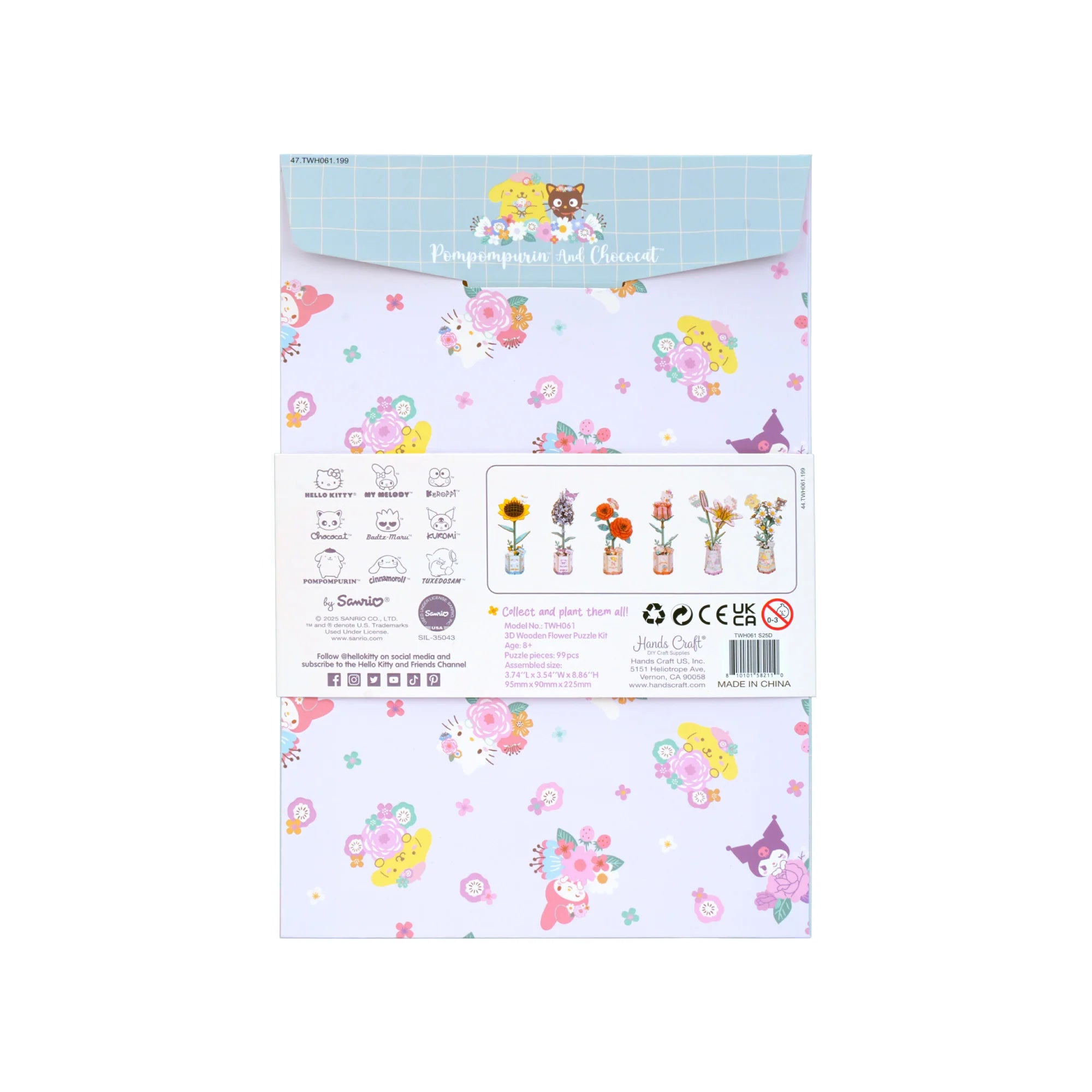 Hello Kitty® and Friends Pompompurin & Chococat Chamomile 3D Wooden Flower Puzzle Kit, featuring Sanrio character designs, floral arrangements, and product details on packaging.