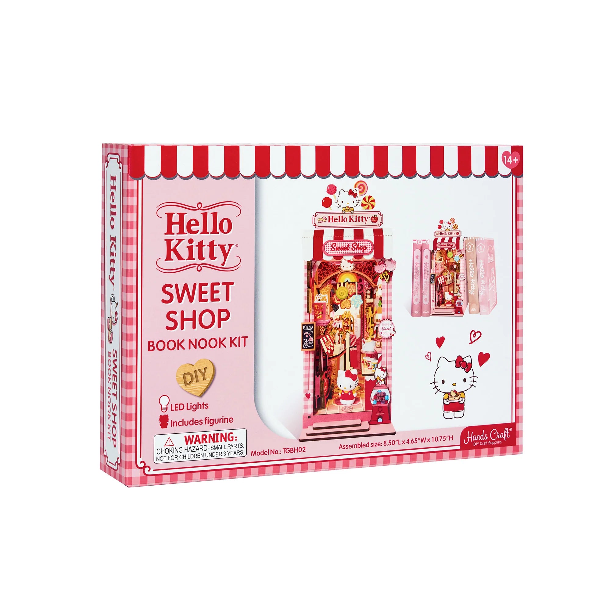 Hello Kitty® Sweet Shop Book Nook kit with DIY components, LED lights, and Hello Kitty figurine for creating a candy-themed diorama, age 14+.