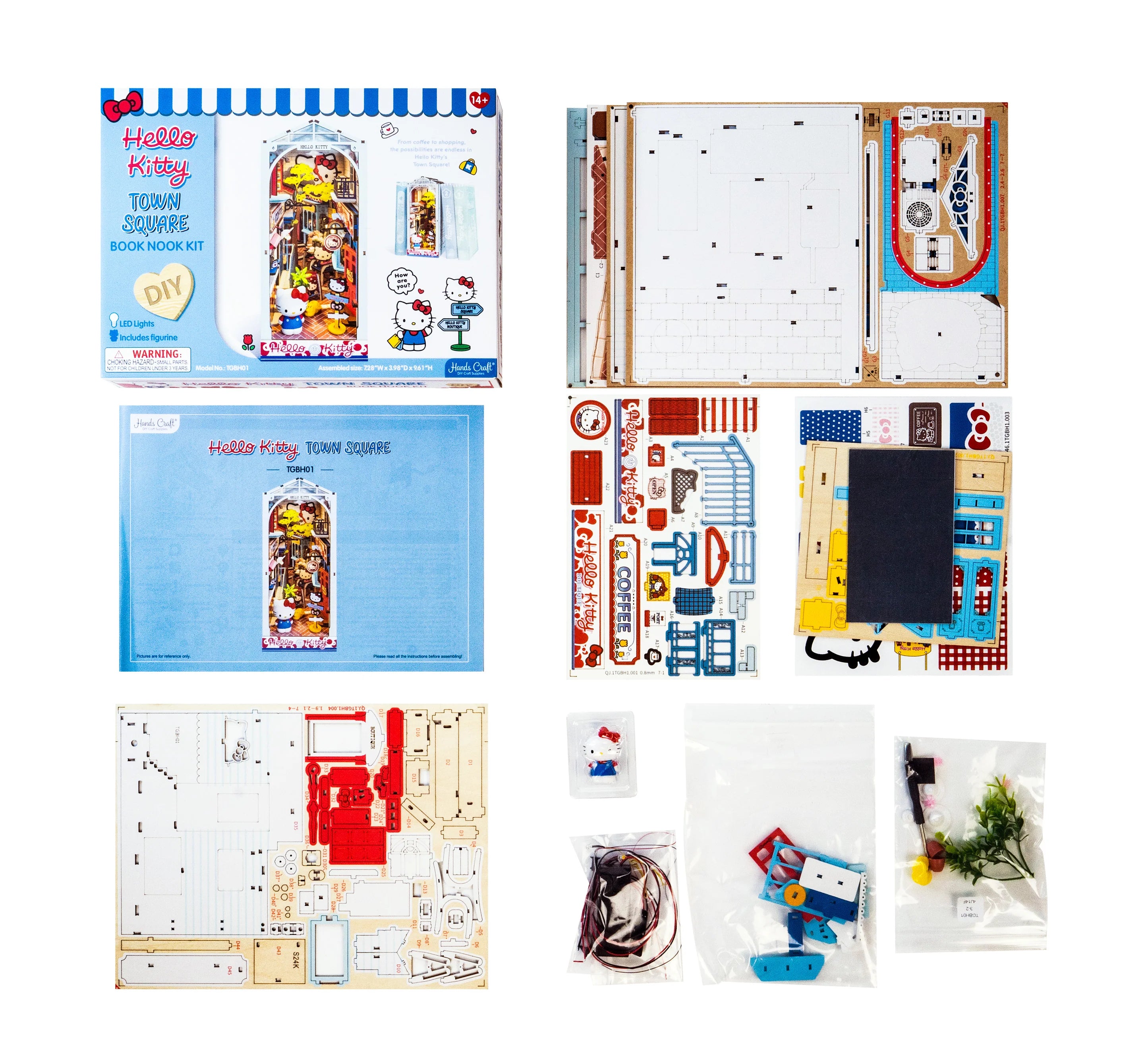 Hello Kitty® Town Square Booknook kit parts laid out: box, instructions, laser-cut panels, stickers, wiring, LED components, figurine, and mini accessories for diorama assembly.