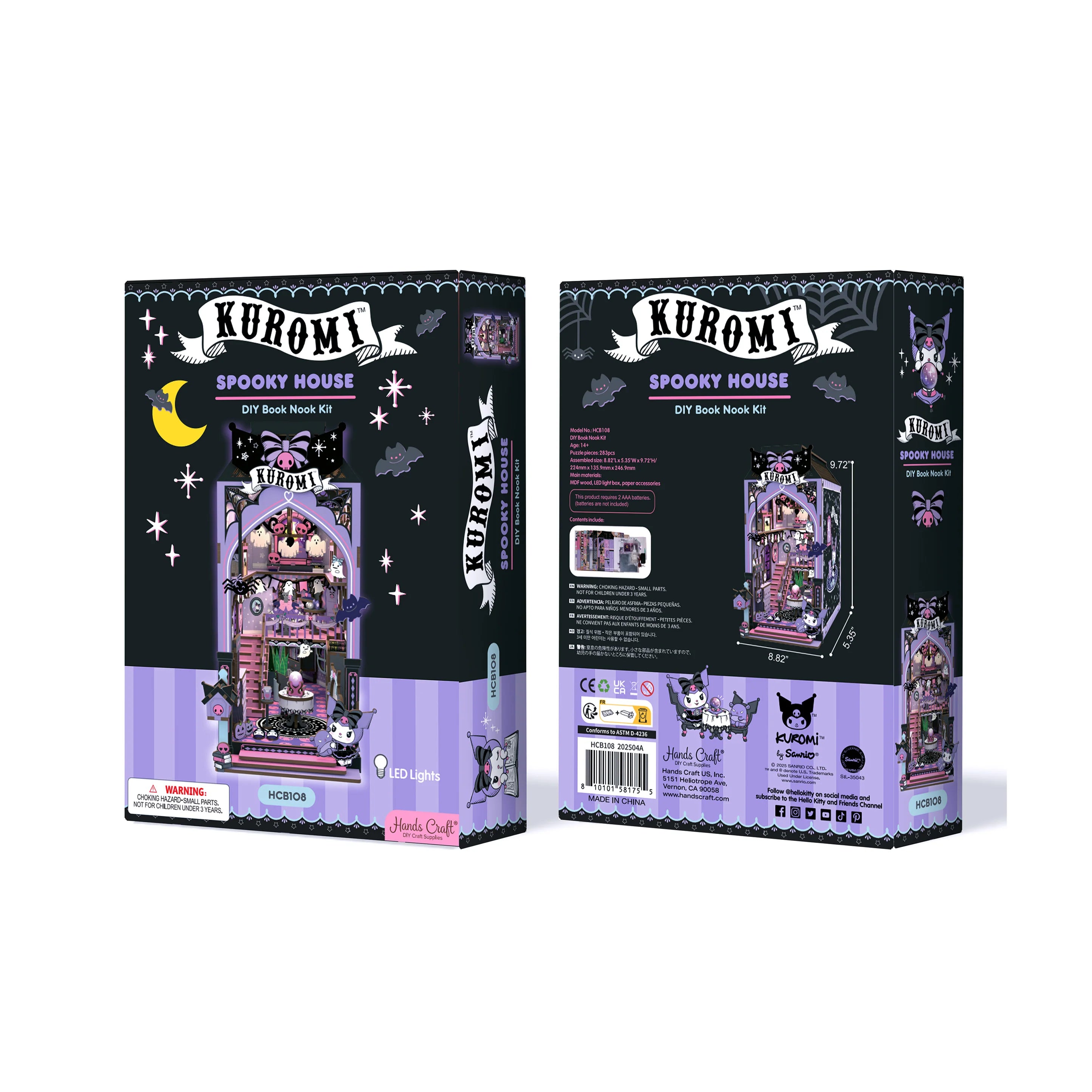 Kuromi™ Spooky House Booknook DIY kit with LED lights and paper accessories, creating a haunted mini diorama for bookshelf display.