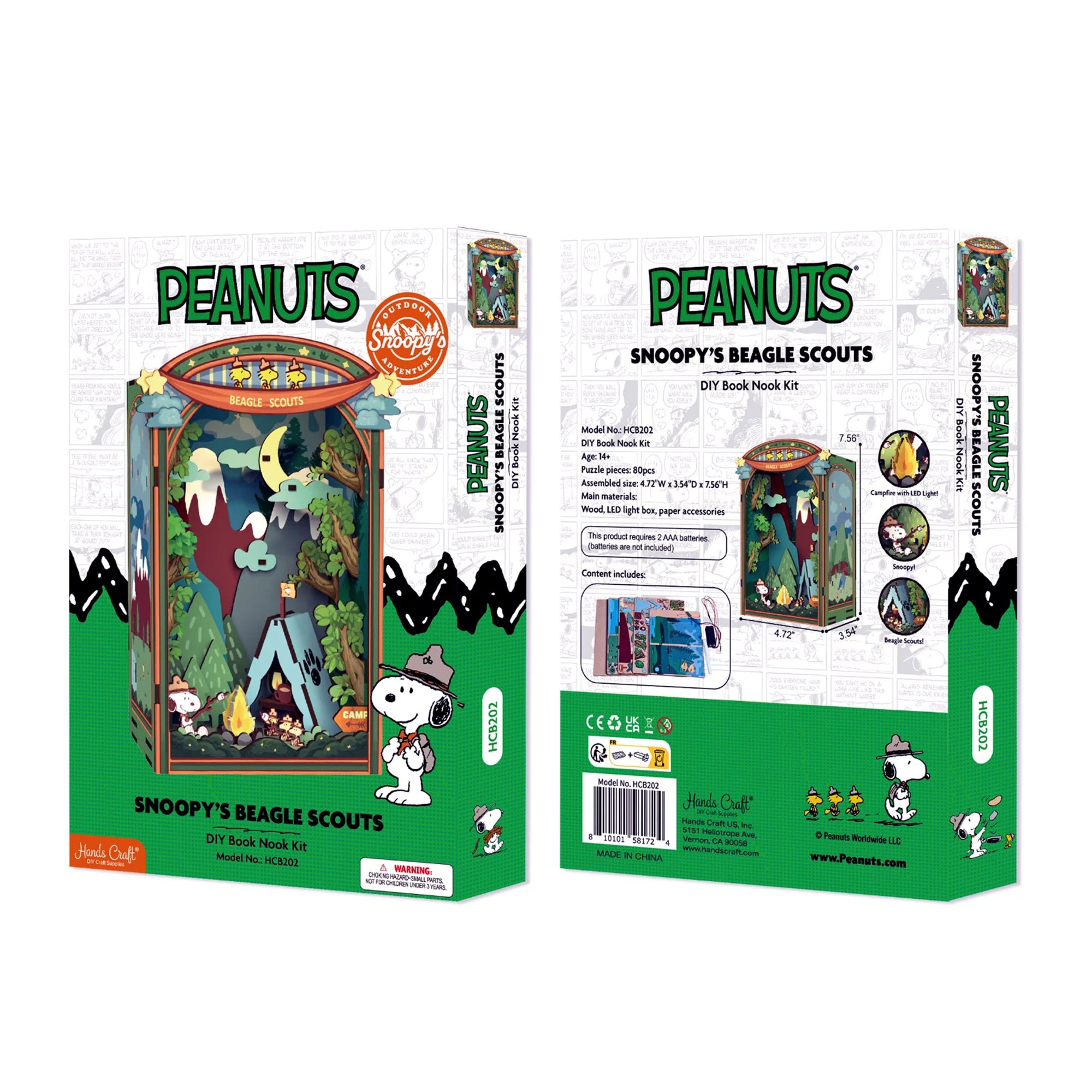 Peanuts® Snoopy’s Beagle Scouts DIY Book Nook Kit featuring a forest diorama with Snoopy, Woodstock, and Beagle Scouts around a campfire and tent.