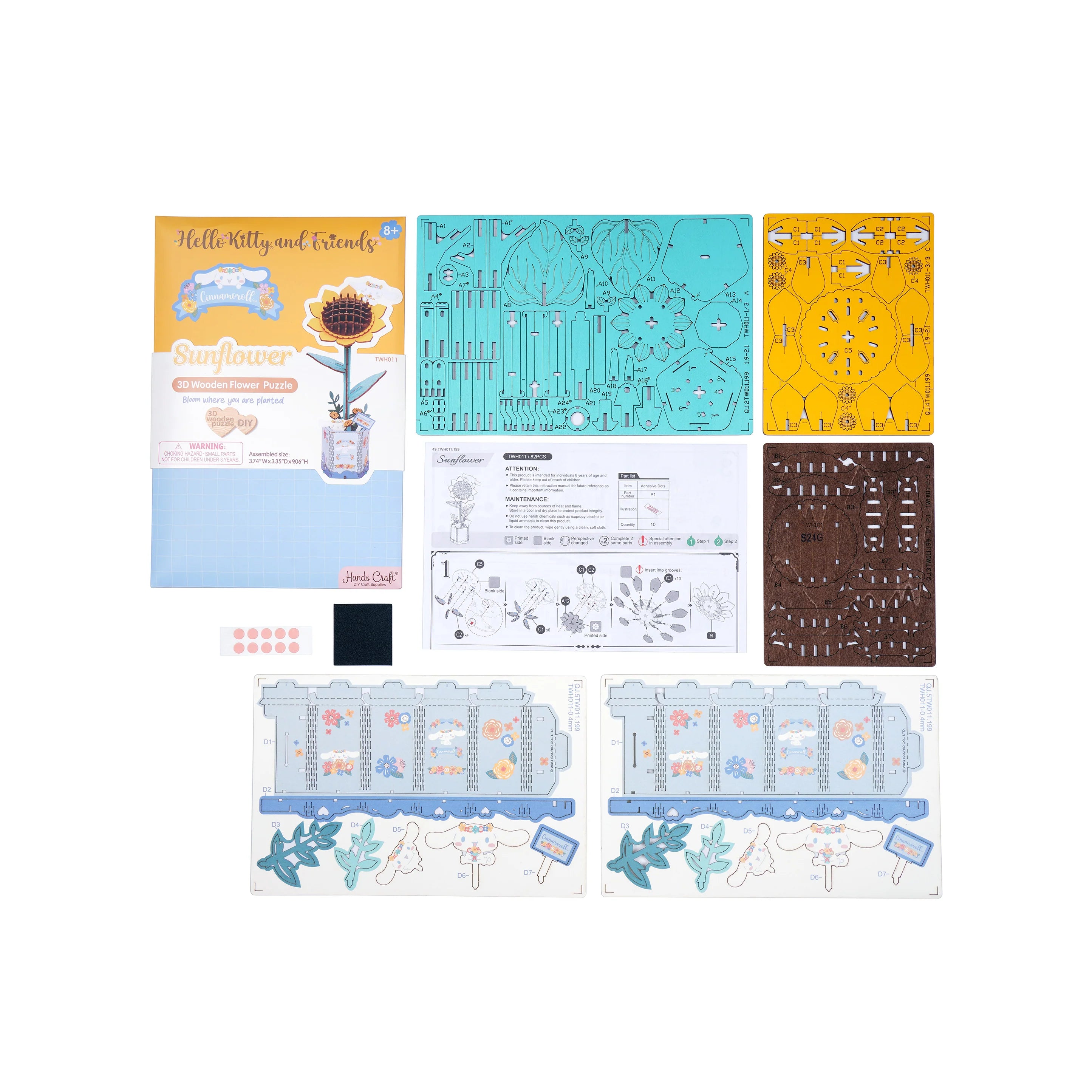 Hello Kitty® and Friends Cinnamoroll Sunflower 3D puzzle kit with wooden sheets, character designs, instructions, and base pad for creative assembly.