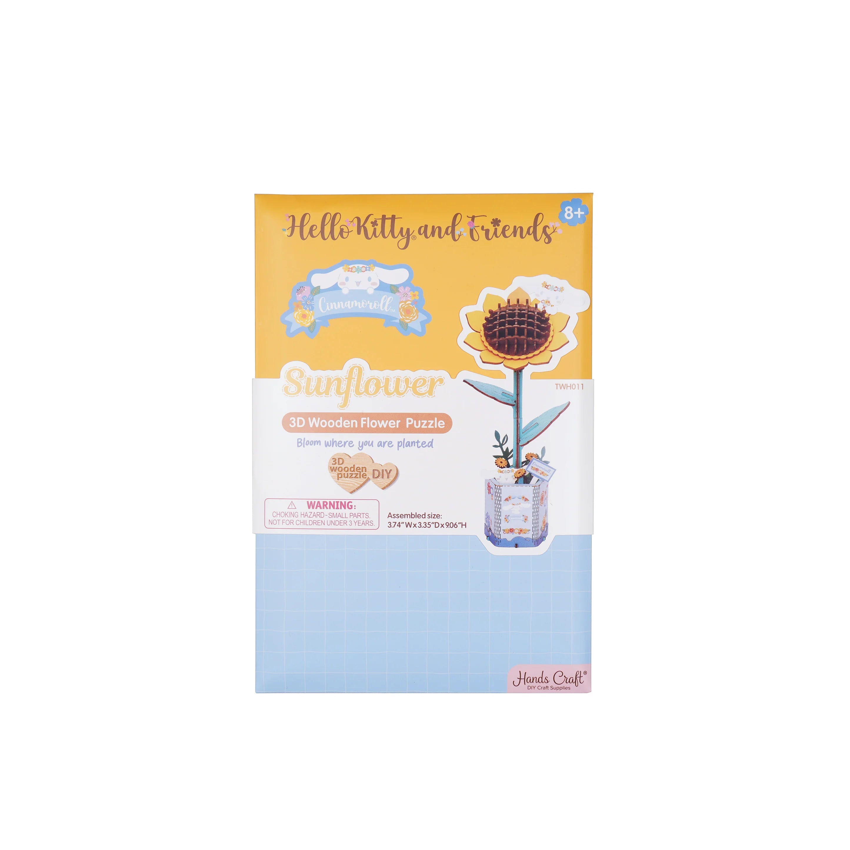 Hello Kitty® and Friends Cinnamoroll Sunflower 3D wooden puzzle kit in retail box, featuring age 8+ label and assembly details, by Hands Craft DIY Craft Supplies.