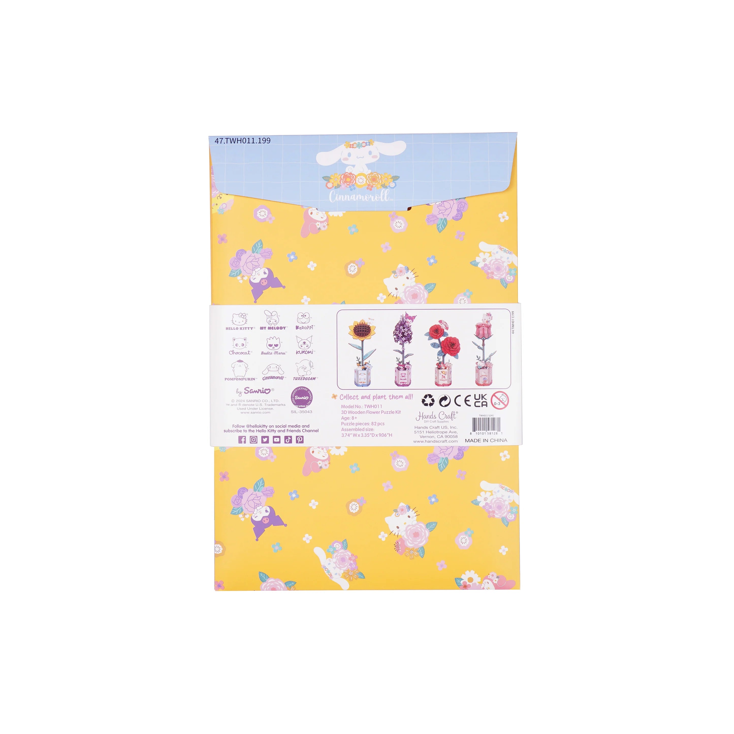 Hello Kitty® and Friends Cinnamoroll Sunflower 3D Puzzle Kit package, featuring Sanrio characters and flower puzzle illustrations. Contains 82 wooden pieces, age 8+.