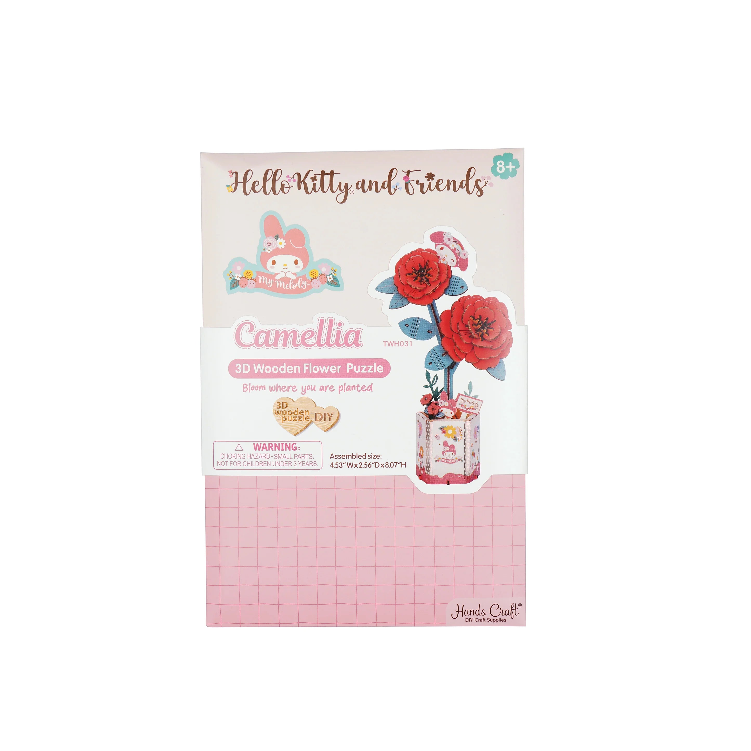 Hello Kitty® and Friends My Melody Red Camellia 3D Wooden Puzzle Kit packaging, featuring pre-cut wooden pieces for assembling a decorative camellia flower with My Melody artwork.