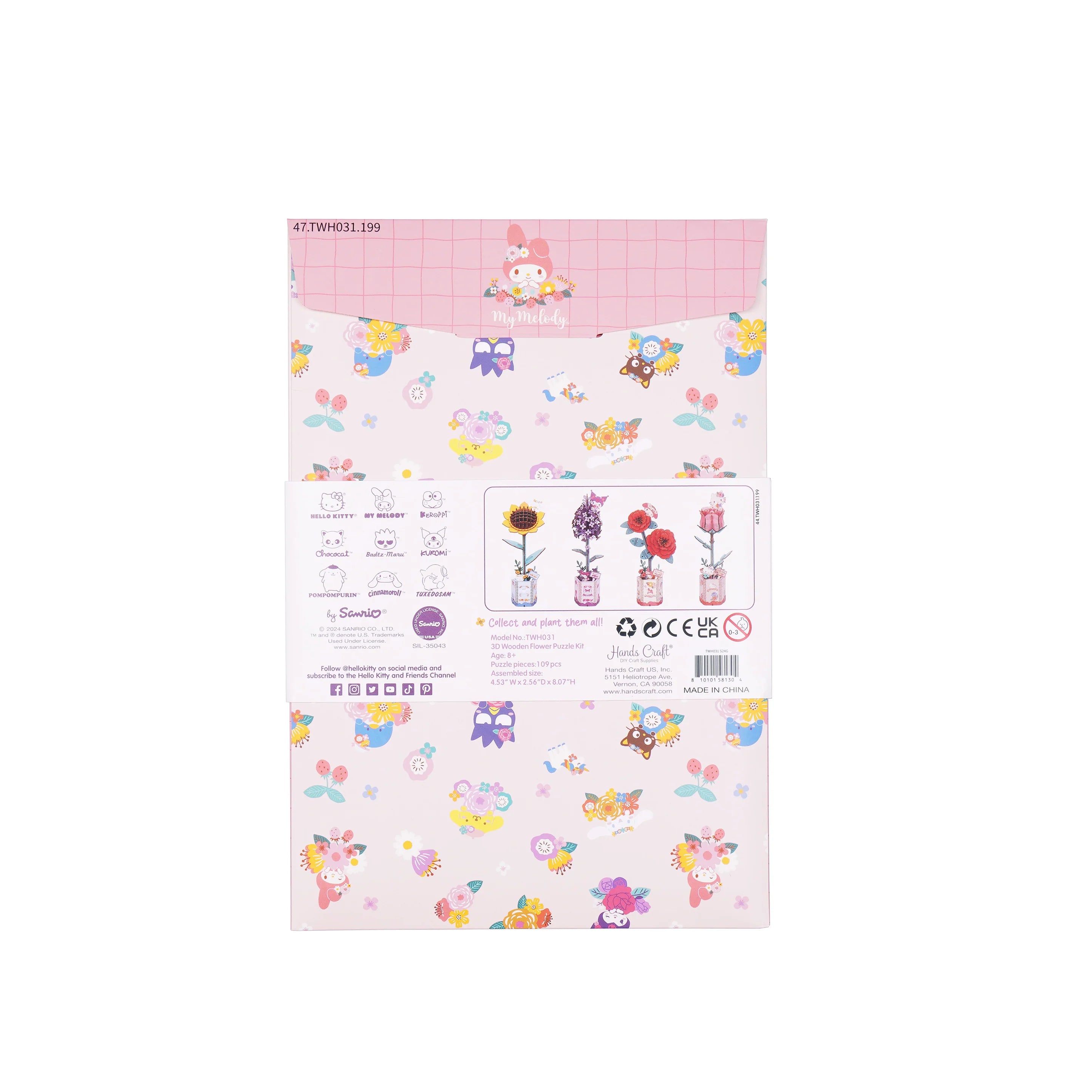 Back of Hello Kitty® and Friends My Melody Red Camellia 3D Wooden Puzzle Kit package, featuring Sanrio characters and four wooden flower models to assemble.
