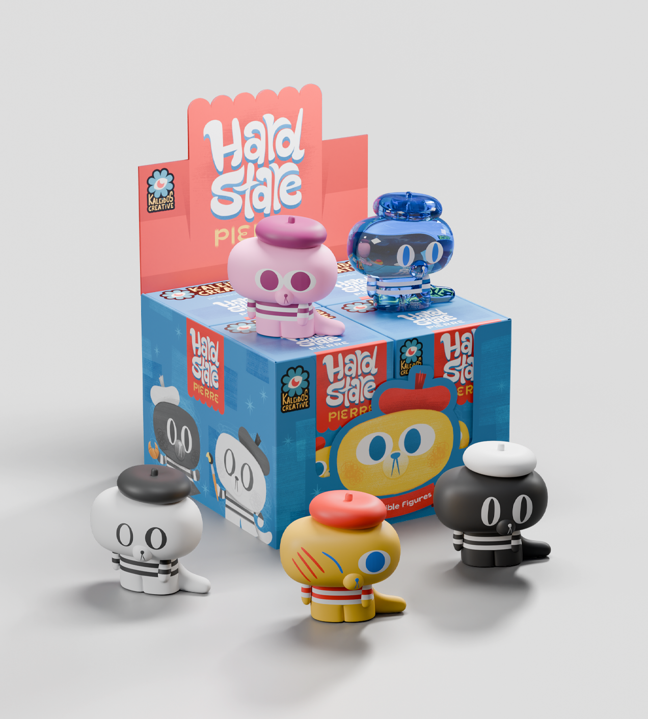 Hard Stare Pierre Blind Box figures arranged around their packaging, showcasing five colorful, beret-wearing animal characters, highlighting their collectible, blind-box nature.