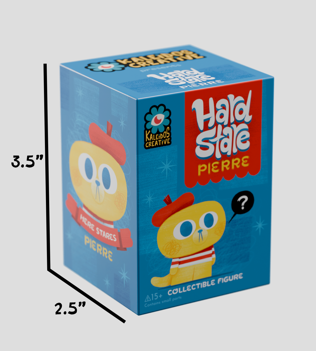 Hard Stare Pierre Blind Box features a mystery collectible toy with Pierre, a yellow cat in a red beret, from Kaleidos Creative, emphasizing artistic flair.