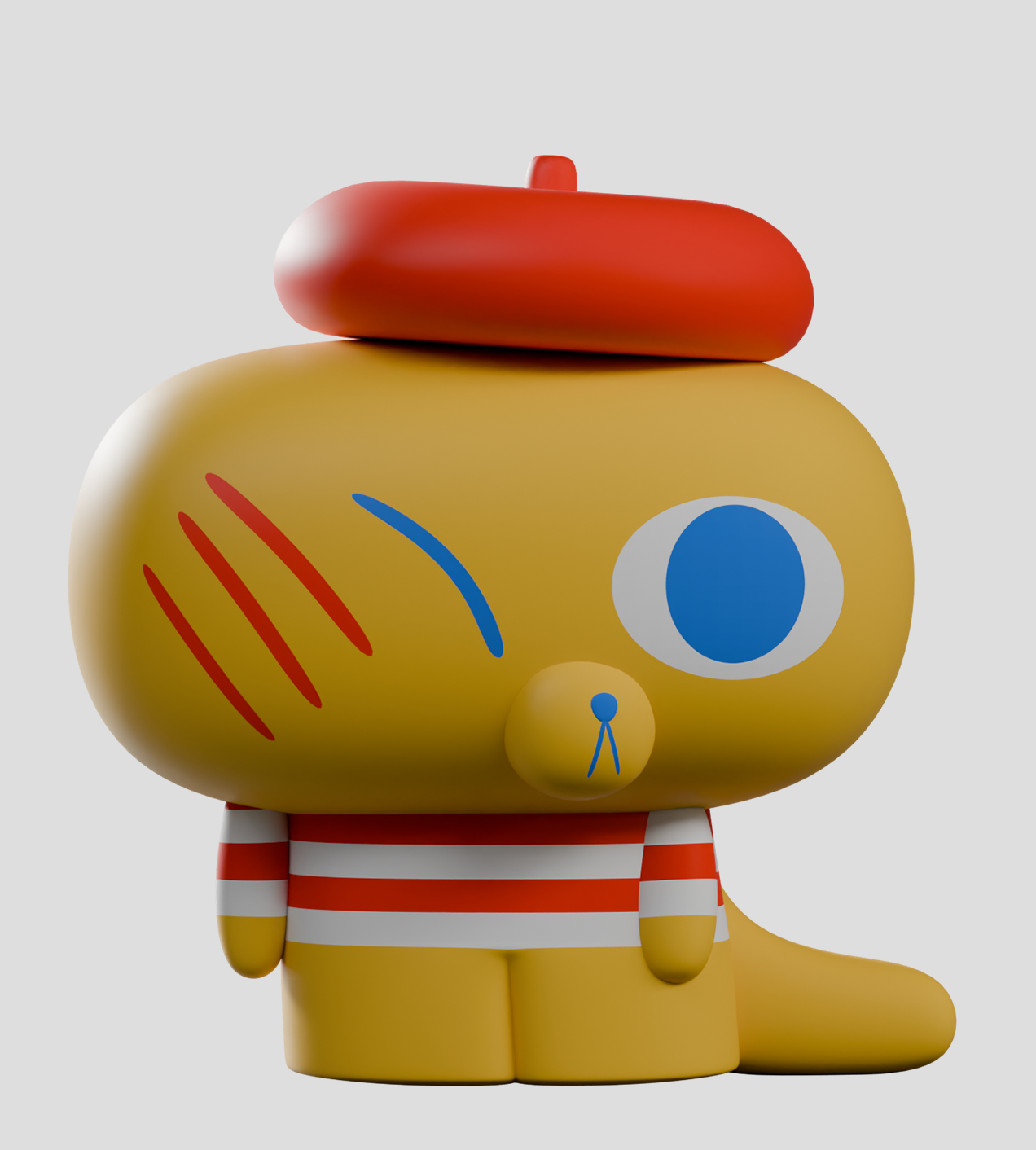 Hard Stare Pierre Blind Box: Mustard-yellow cartoon creature in French attire, featuring a red beret and striped shirt, with bold facial accents for a whimsical art toy design.